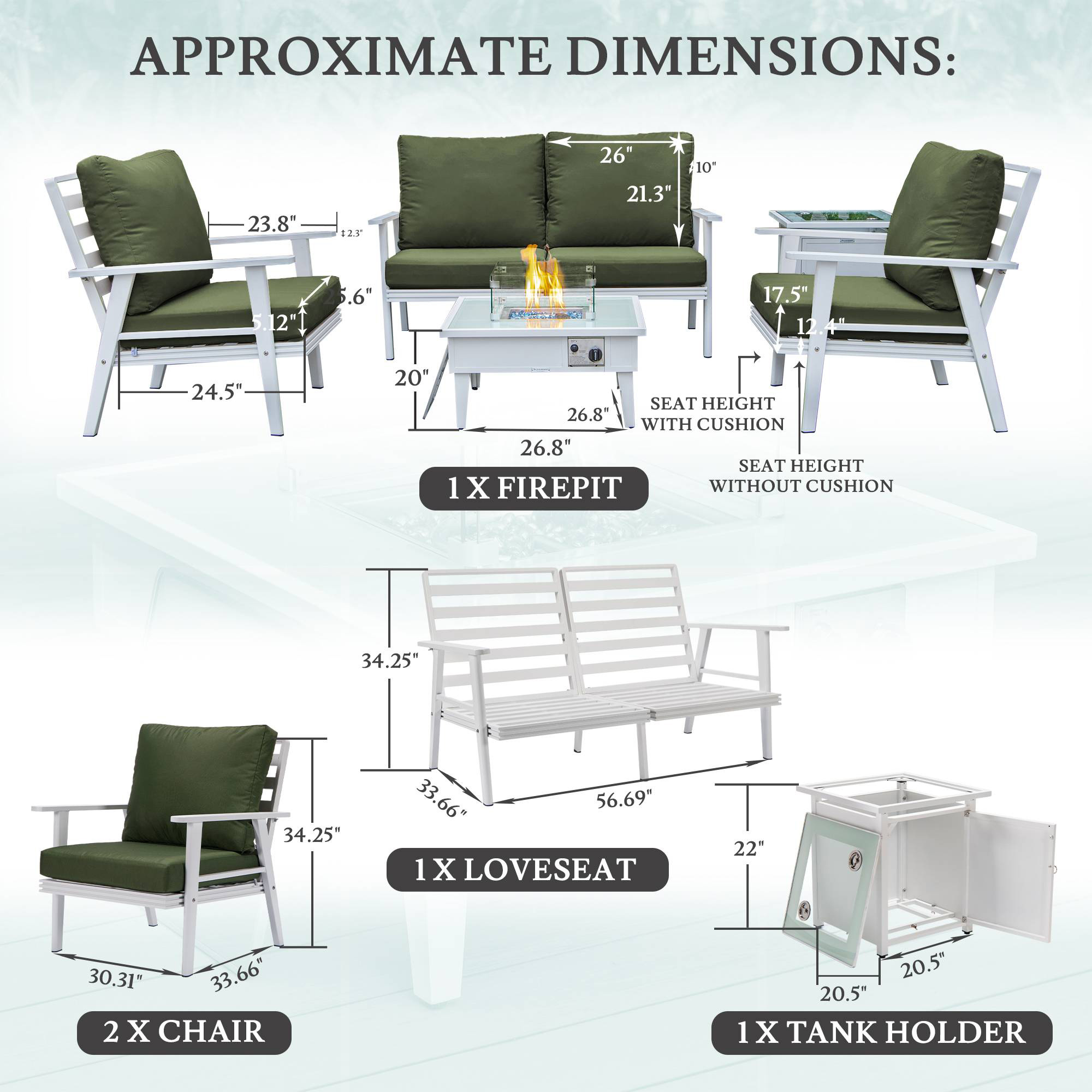 LeisureMod Walbrooke Modern White Patio Conversation With Square Fire Pit & Tank Holder - Green