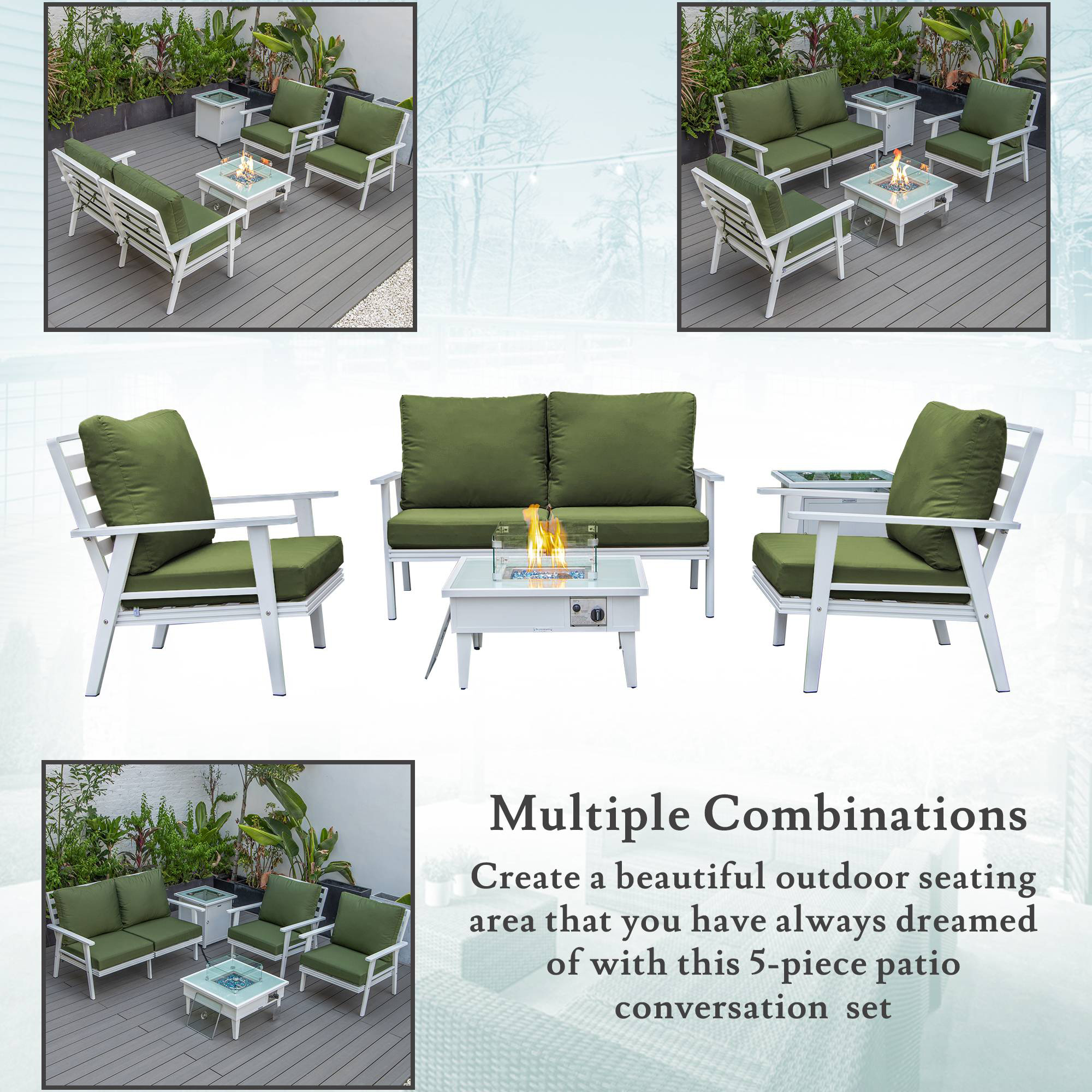 LeisureMod Walbrooke Modern White Patio Conversation With Square Fire Pit & Tank Holder - Green