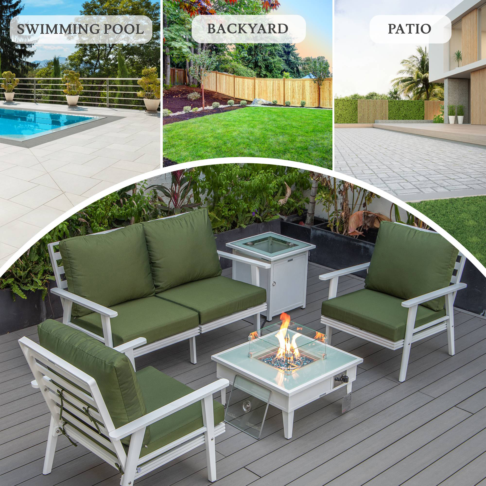 LeisureMod Walbrooke Modern White Patio Conversation With Square Fire Pit & Tank Holder - Green