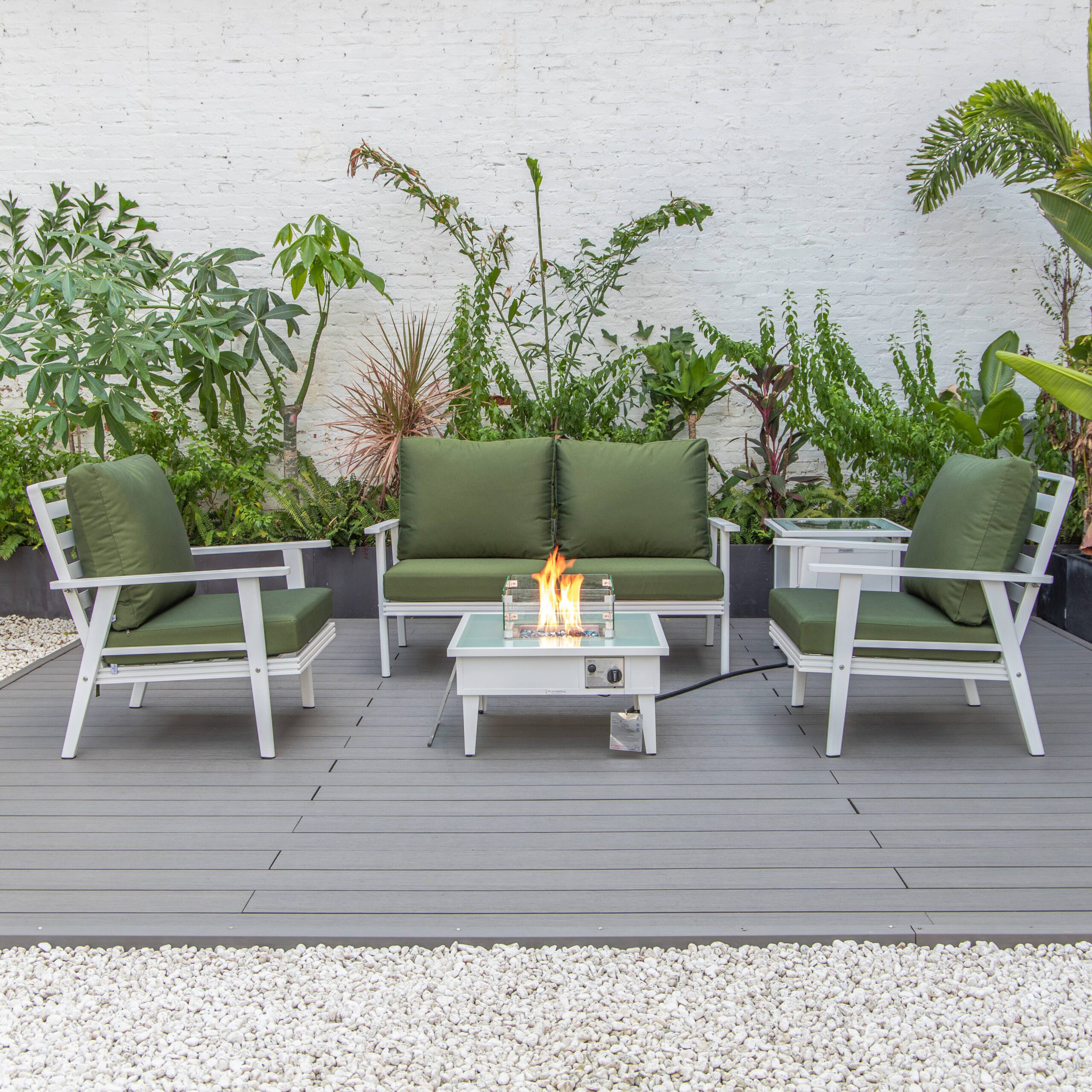 LeisureMod Walbrooke Modern White Patio Conversation With Square Fire Pit & Tank Holder - Green