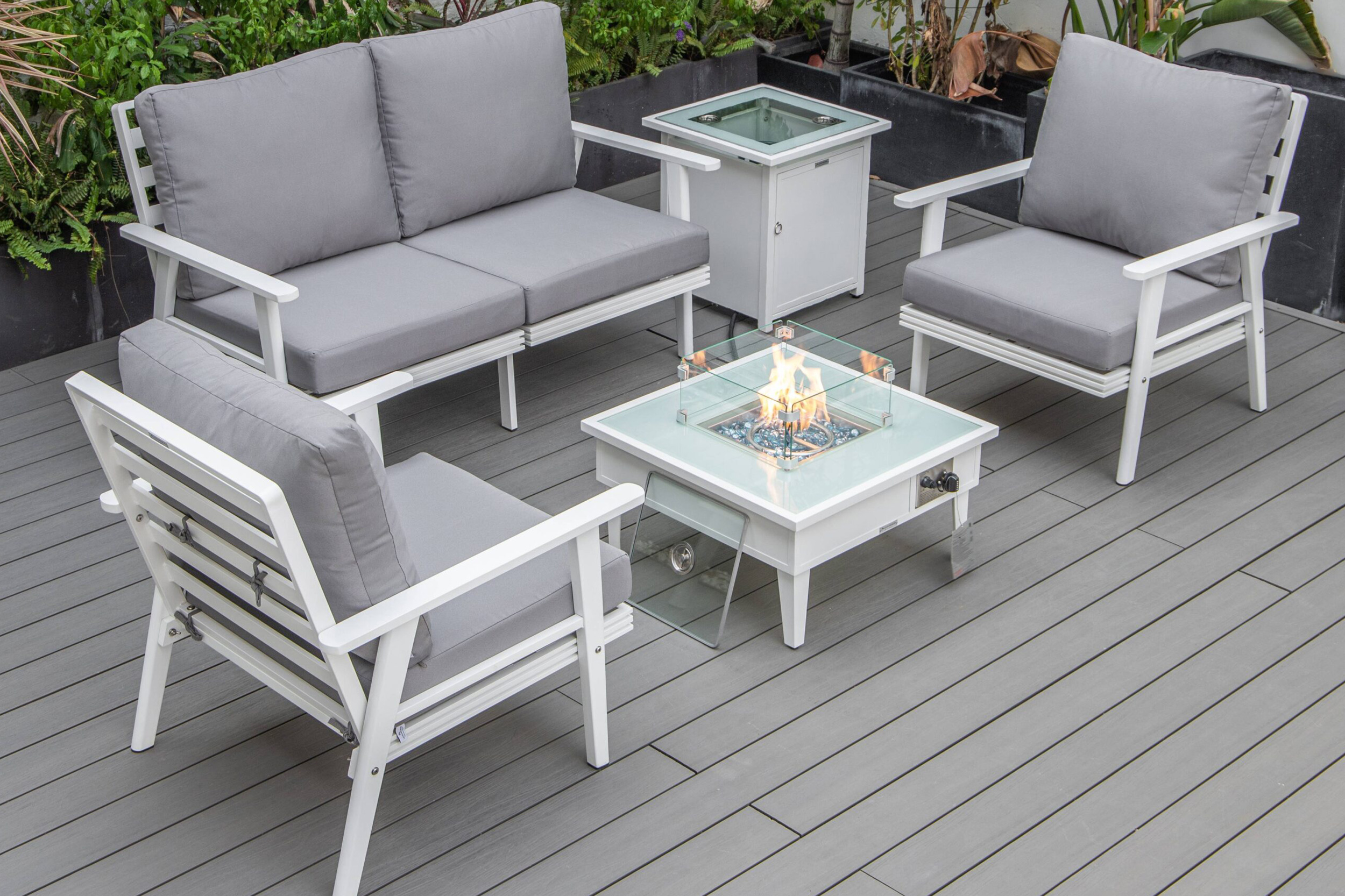 LeisureMod Walbrooke Modern Black Patio Conversation With Square Fire Pit & Tank Holder