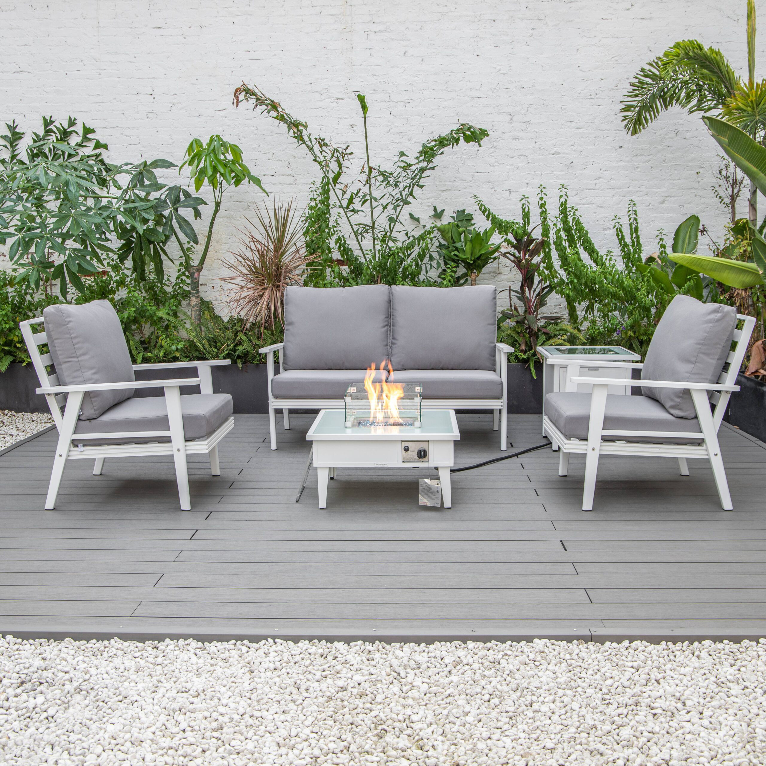 LeisureMod Walbrooke Modern White Patio Conversation With Square Fire Pit & Tank Holder - Gray