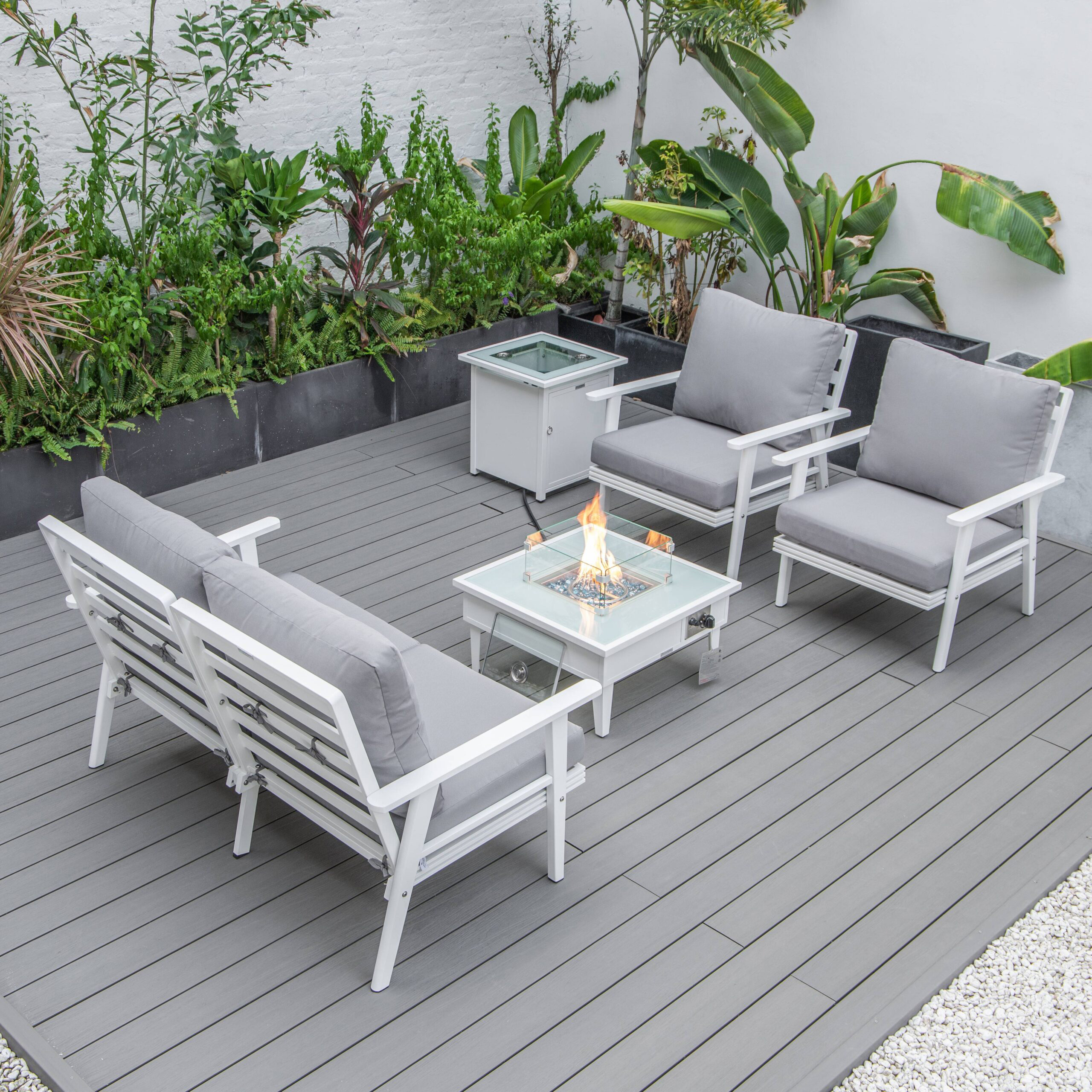 LeisureMod Walbrooke Modern White Patio Conversation With Square Fire Pit & Tank Holder - Gray