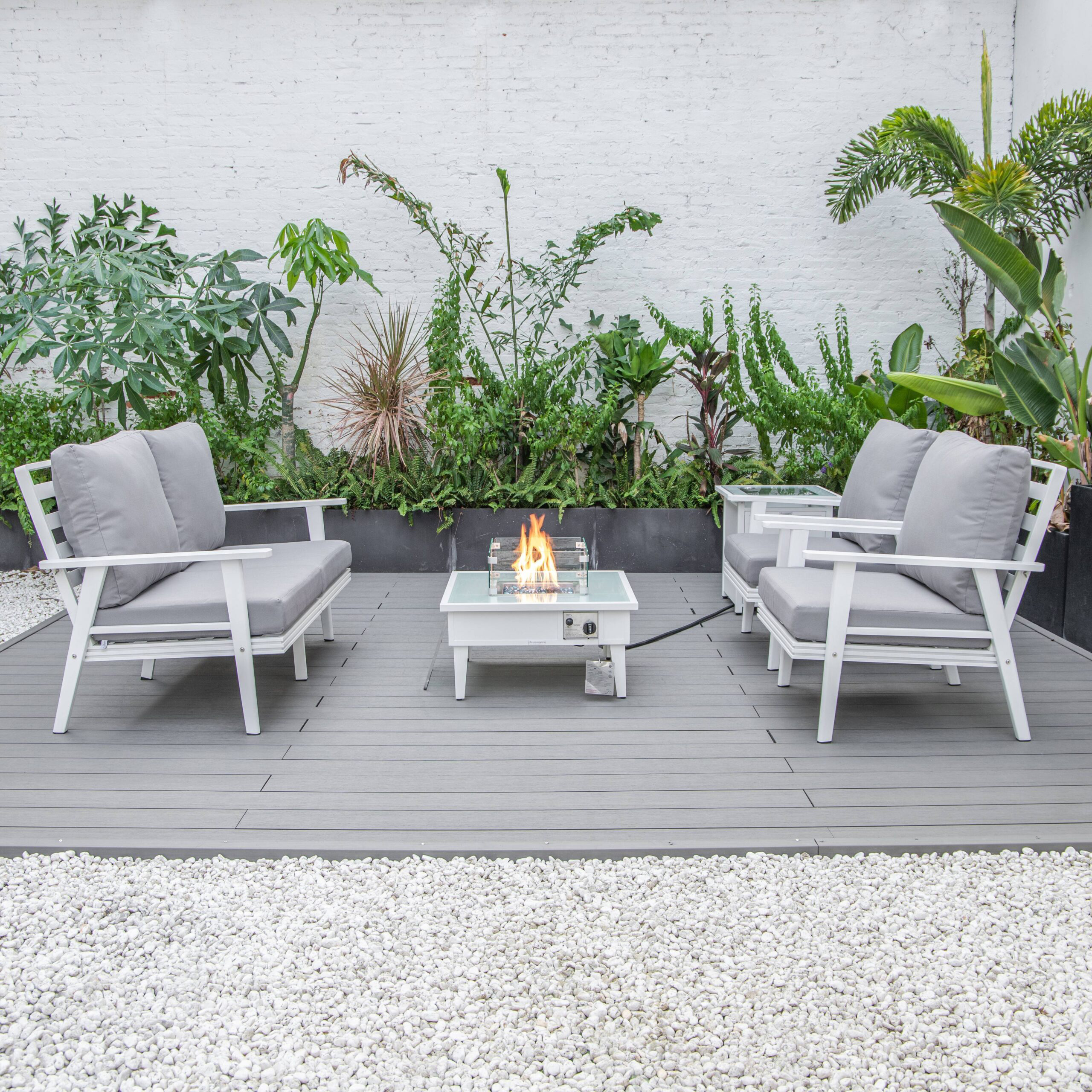 LeisureMod Walbrooke Modern White Patio Conversation With Square Fire Pit & Tank Holder - Gray