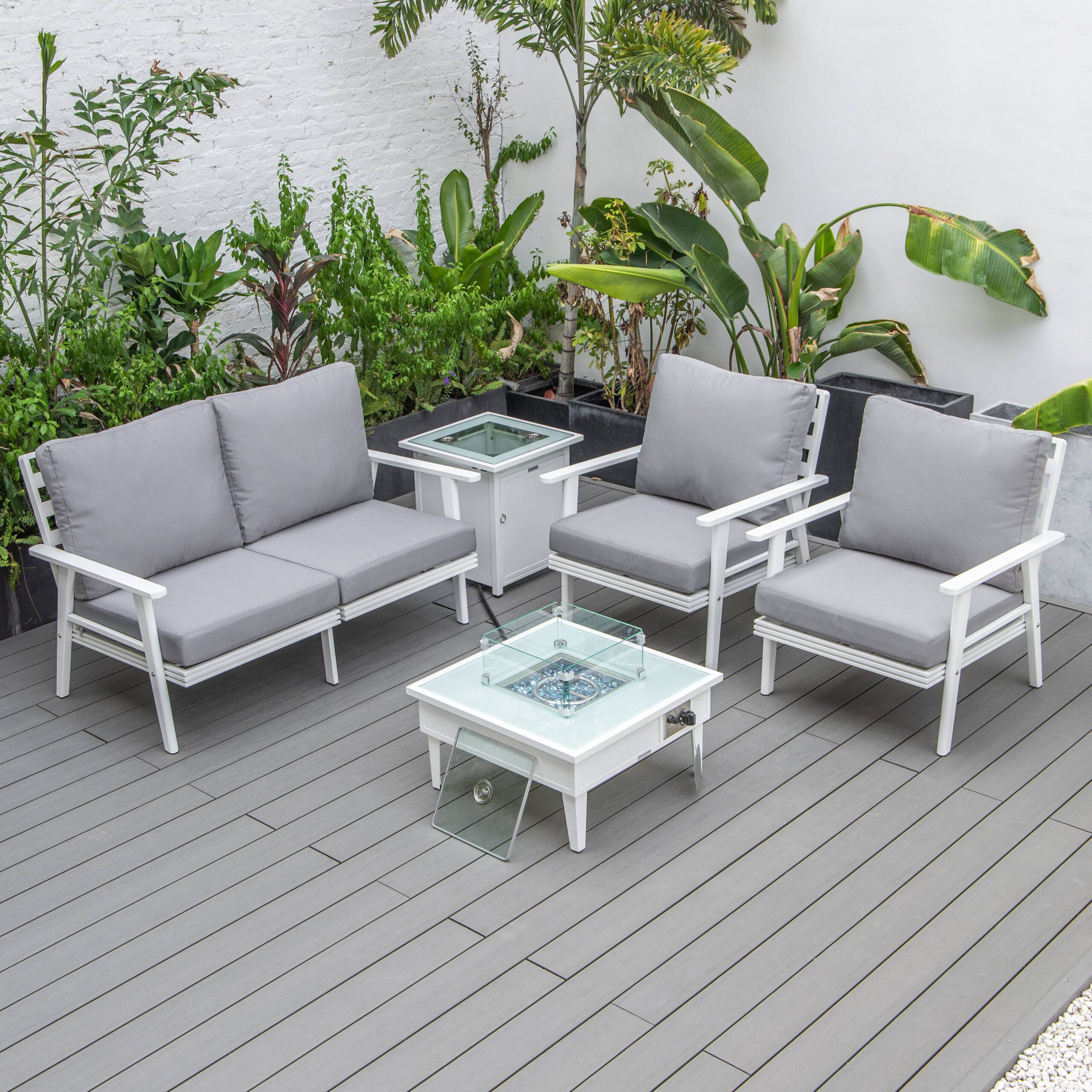 LeisureMod Walbrooke Modern White Patio Conversation With Square Fire Pit & Tank Holder - Gray