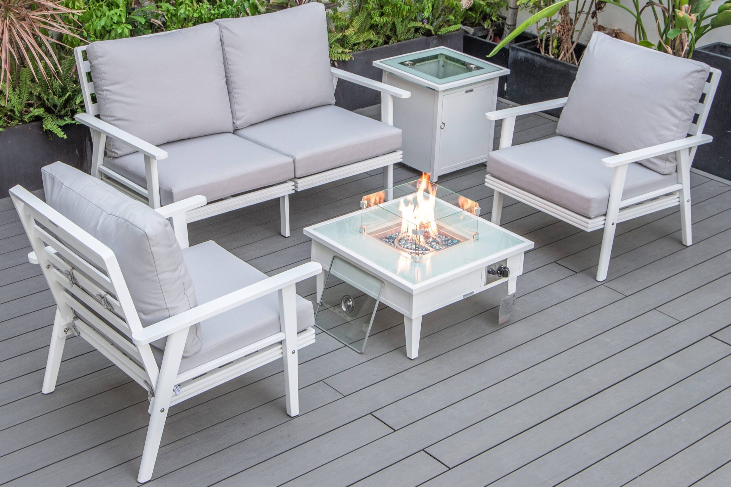 LeisureMod Walbrooke Modern Black Patio Conversation With Square Fire Pit & Tank Holder