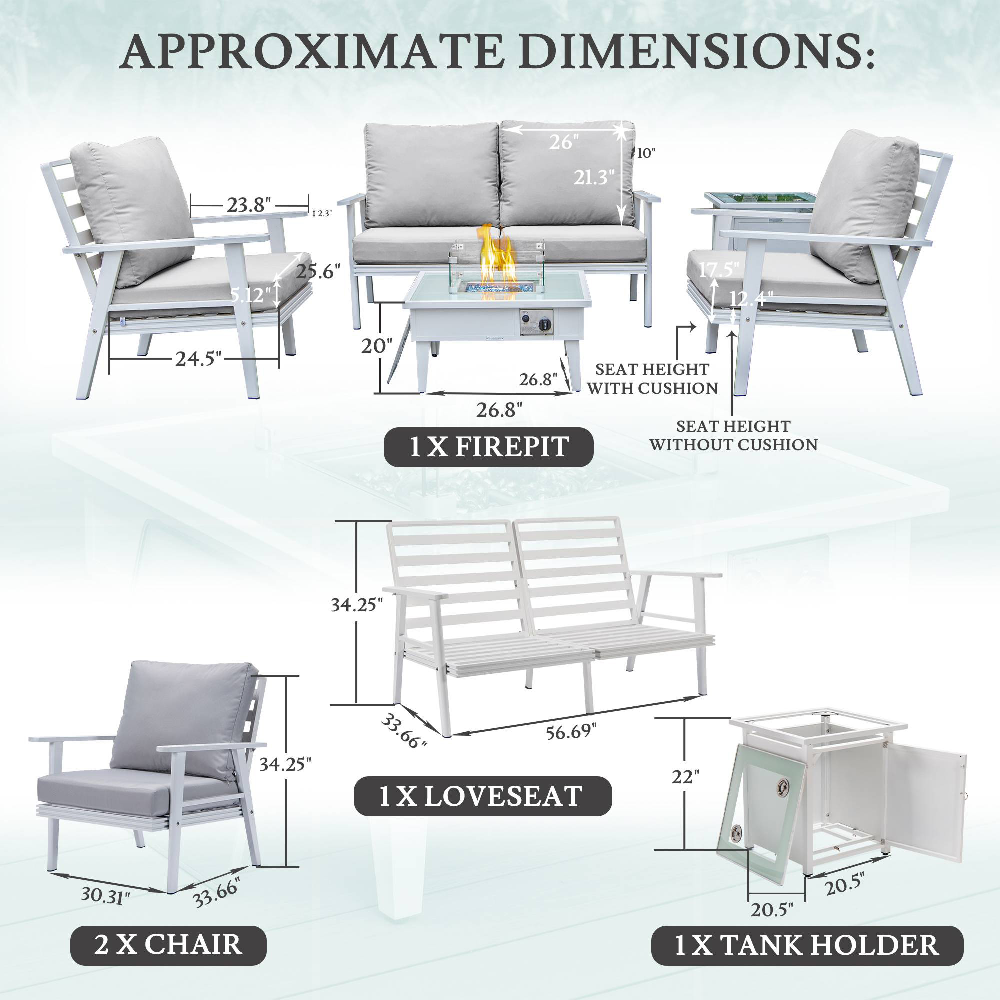 LeisureMod Walbrooke Modern White Patio Conversation With Square Fire Pit & Tank Holder - Light Gray