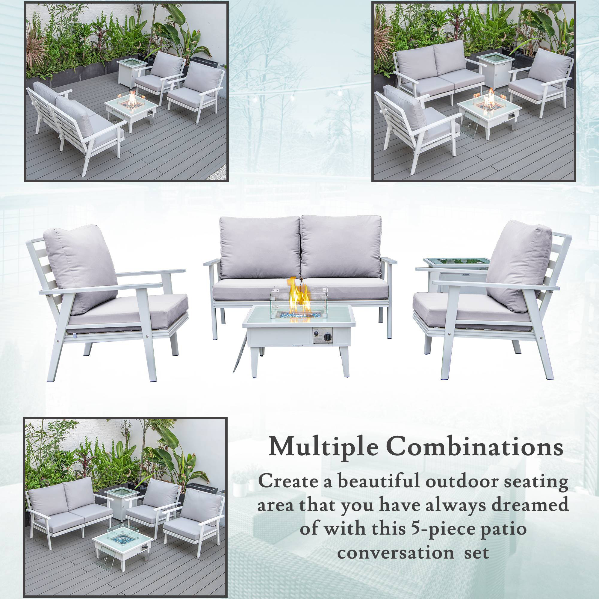 LeisureMod Walbrooke Modern White Patio Conversation With Square Fire Pit & Tank Holder - Light Gray