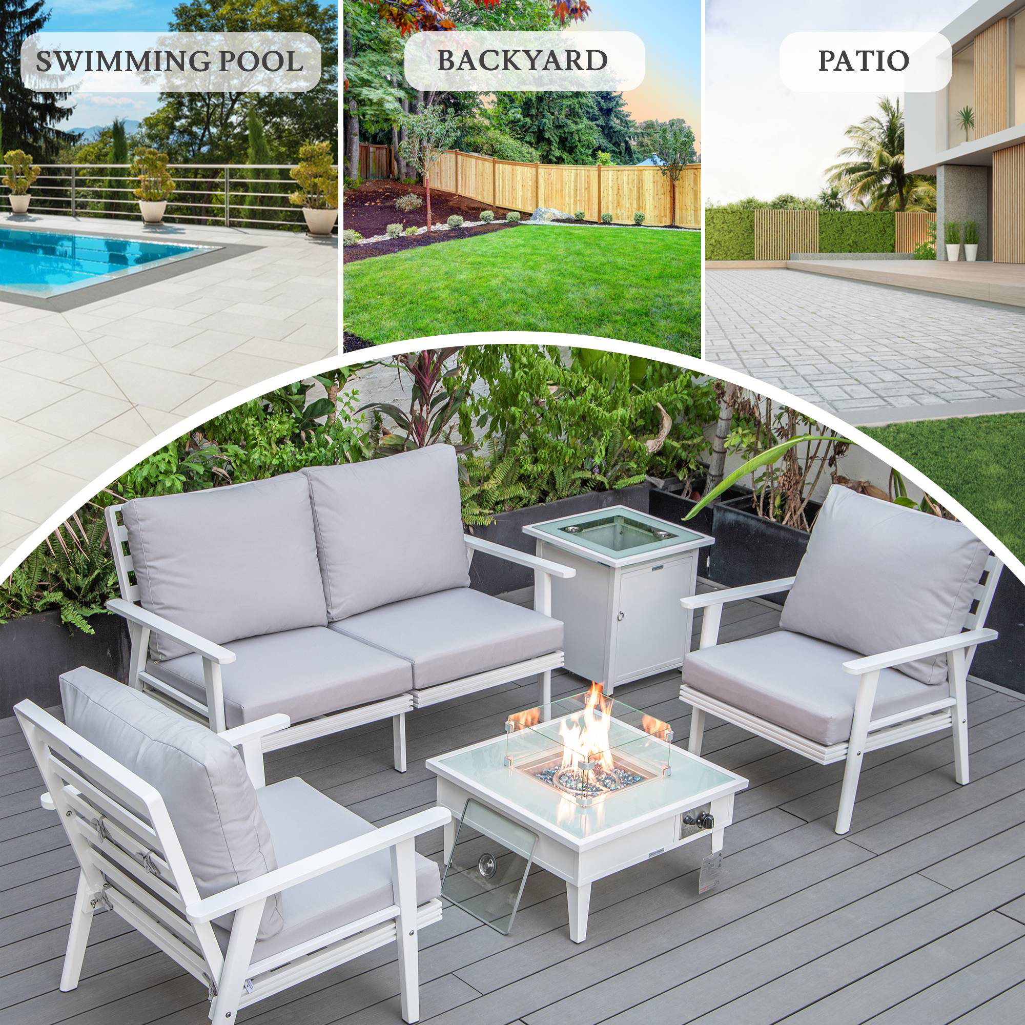 LeisureMod Walbrooke Modern White Patio Conversation With Square Fire Pit & Tank Holder - Light Gray