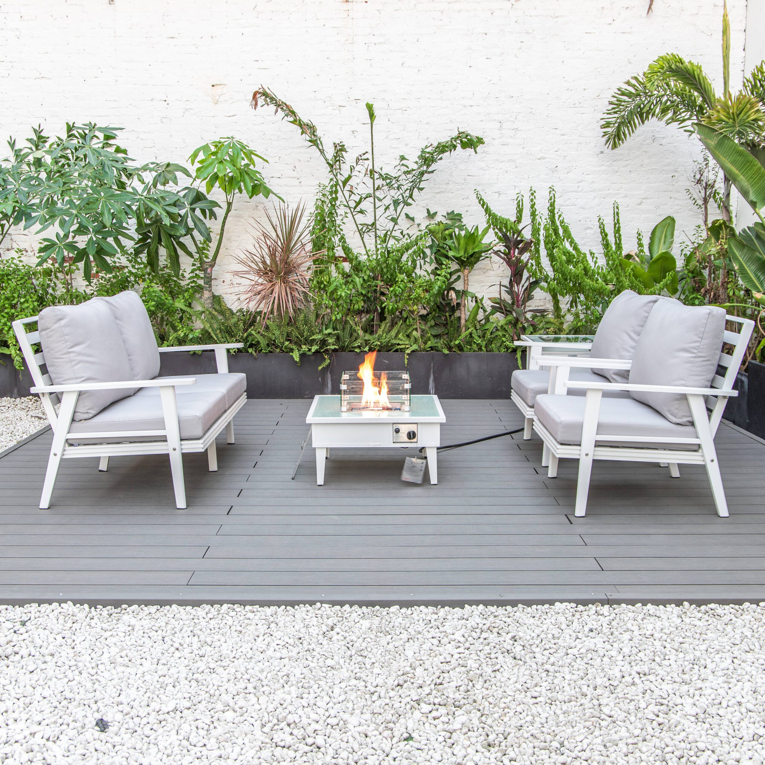 LeisureMod Walbrooke Modern White Patio Conversation With Square Fire Pit & Tank Holder - Light Gray