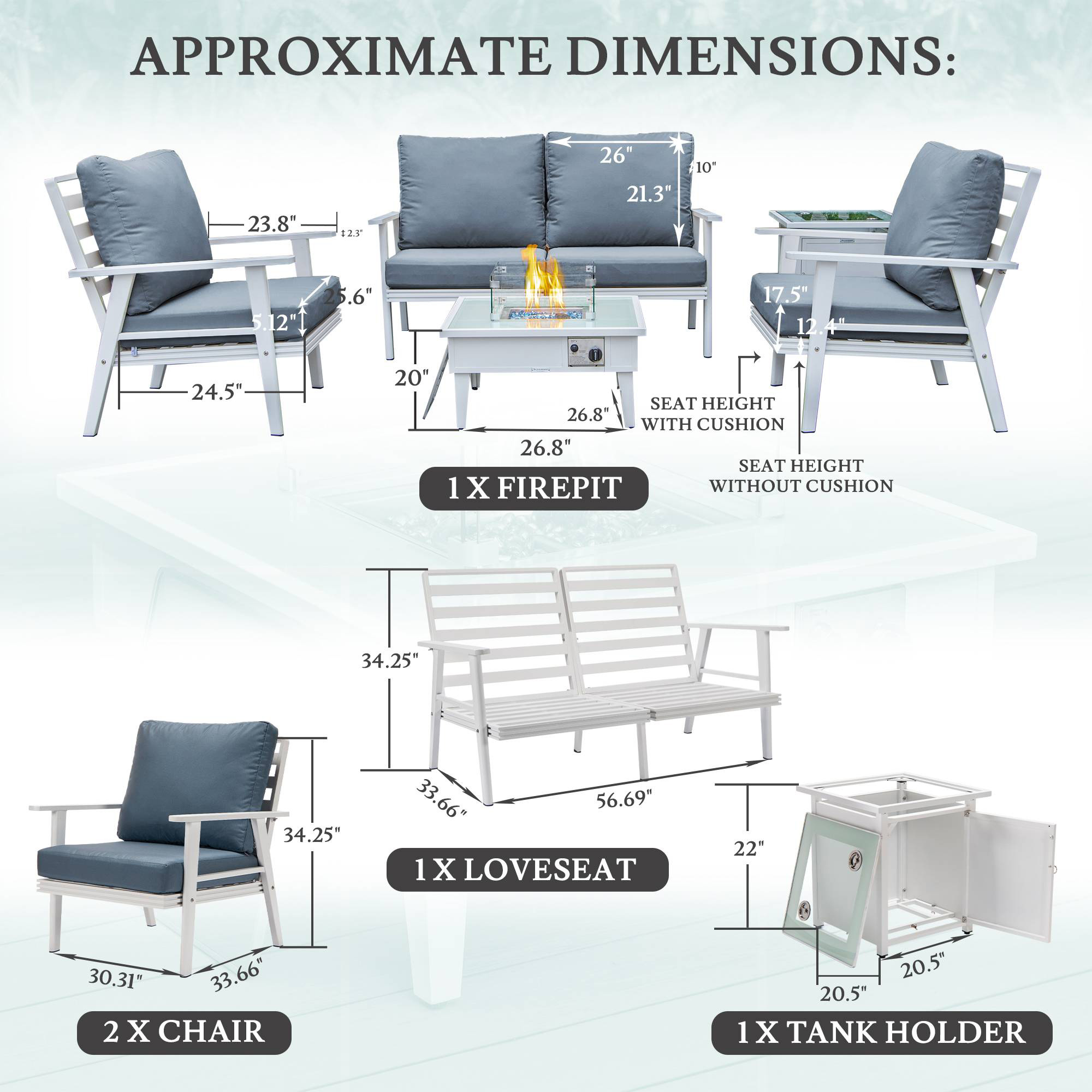 LeisureMod Walbrooke Modern White Patio Conversation With Square Fire Pit & Tank Holder - Navy Blue