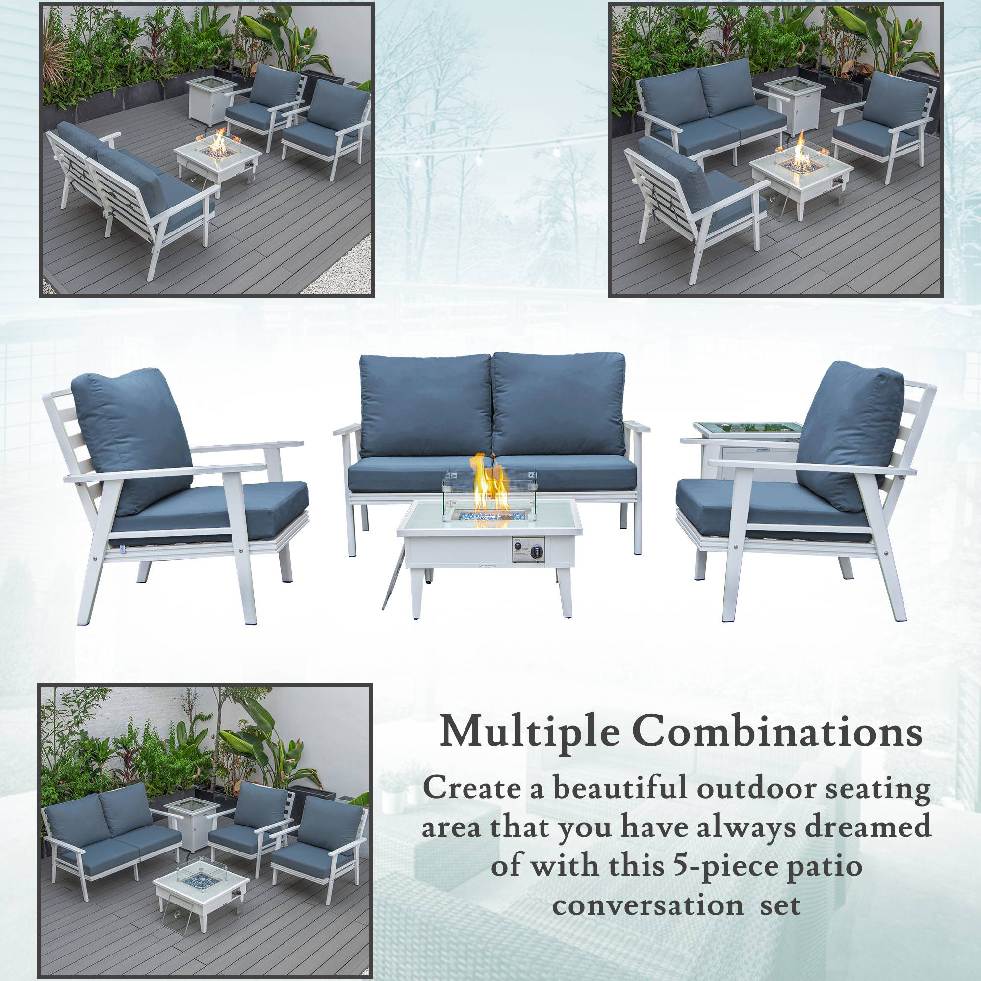 LeisureMod Walbrooke Modern White Patio Conversation With Square Fire Pit & Tank Holder - Navy Blue