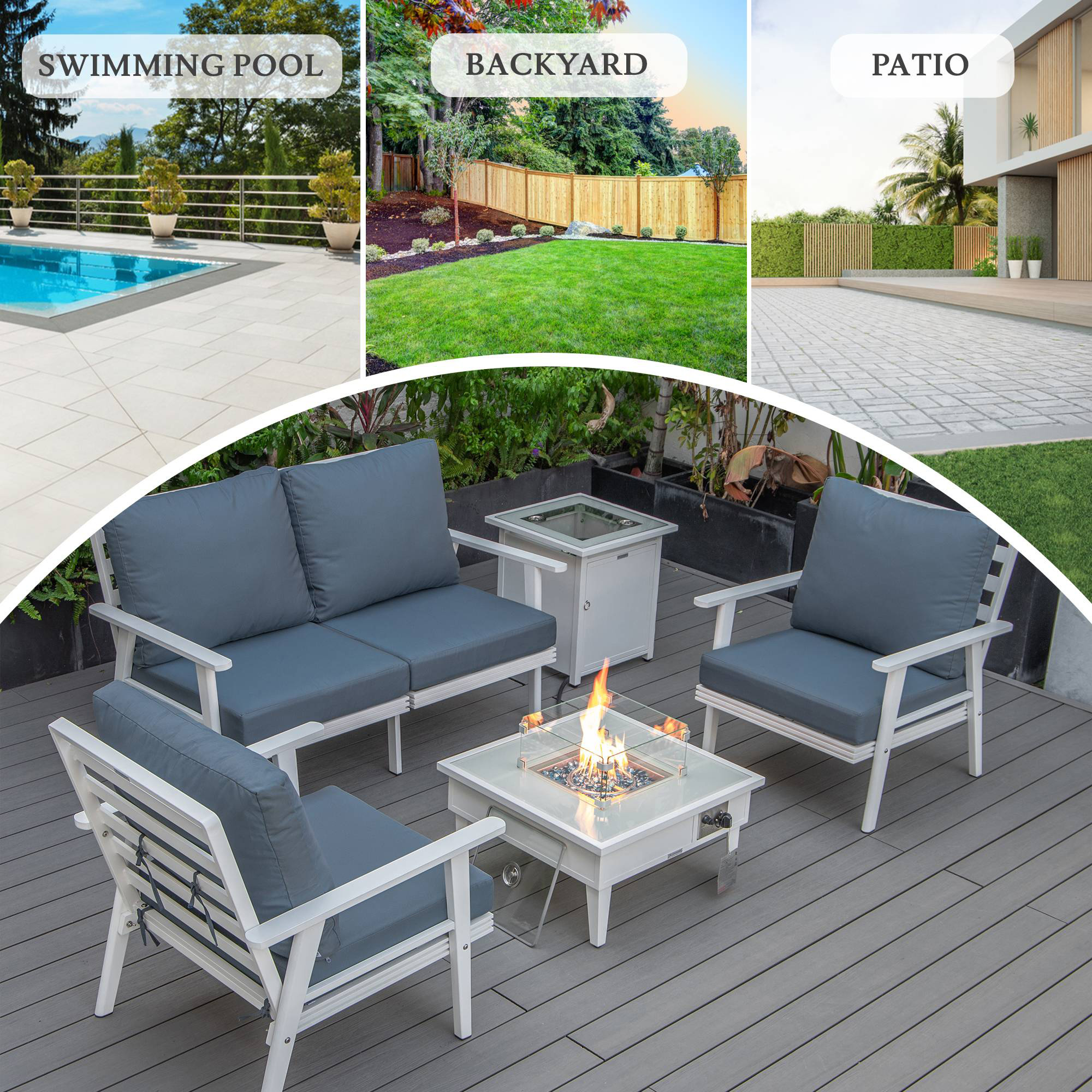 LeisureMod Walbrooke Modern White Patio Conversation With Square Fire Pit & Tank Holder - Navy Blue