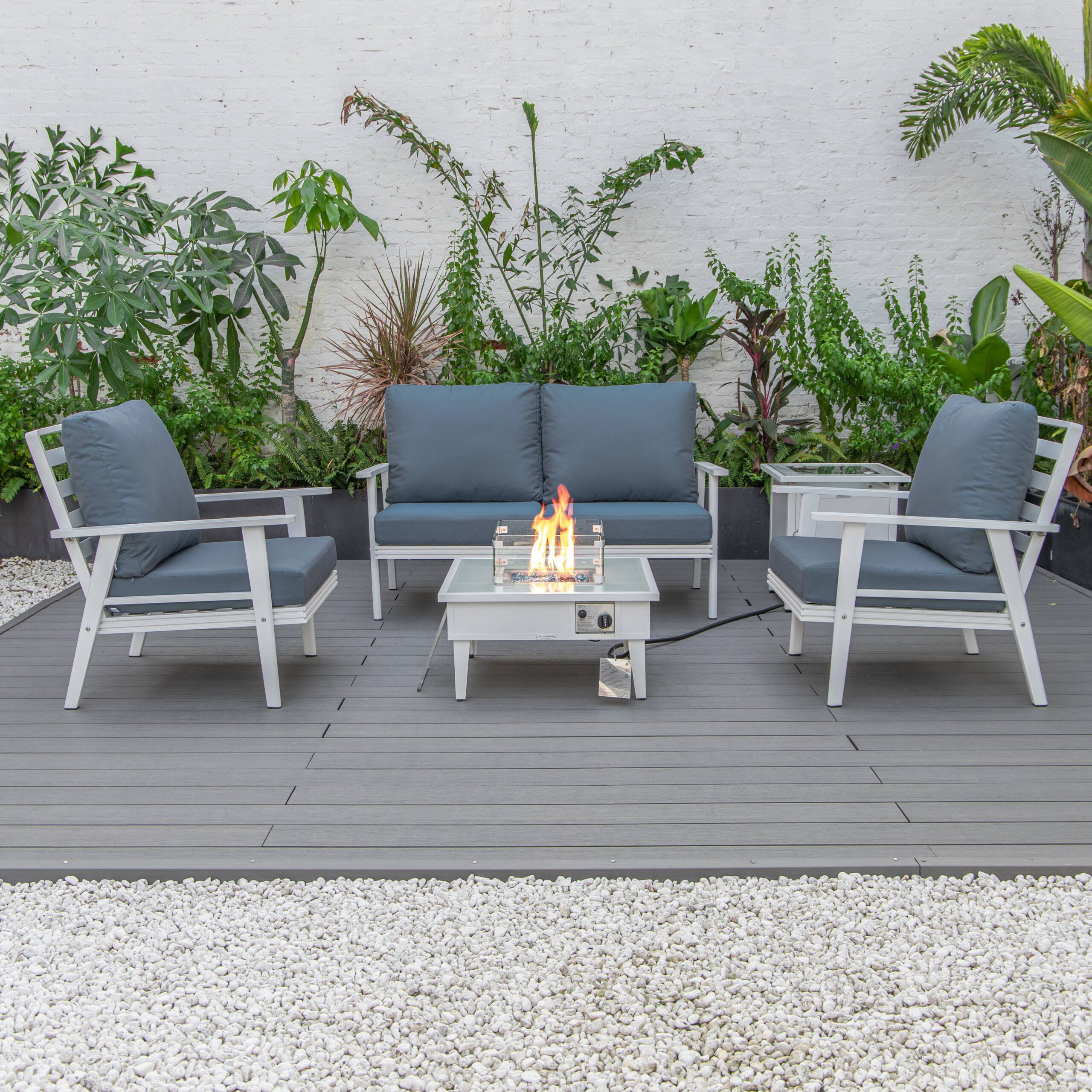 LeisureMod Walbrooke Modern White Patio Conversation With Square Fire Pit & Tank Holder - Navy Blue