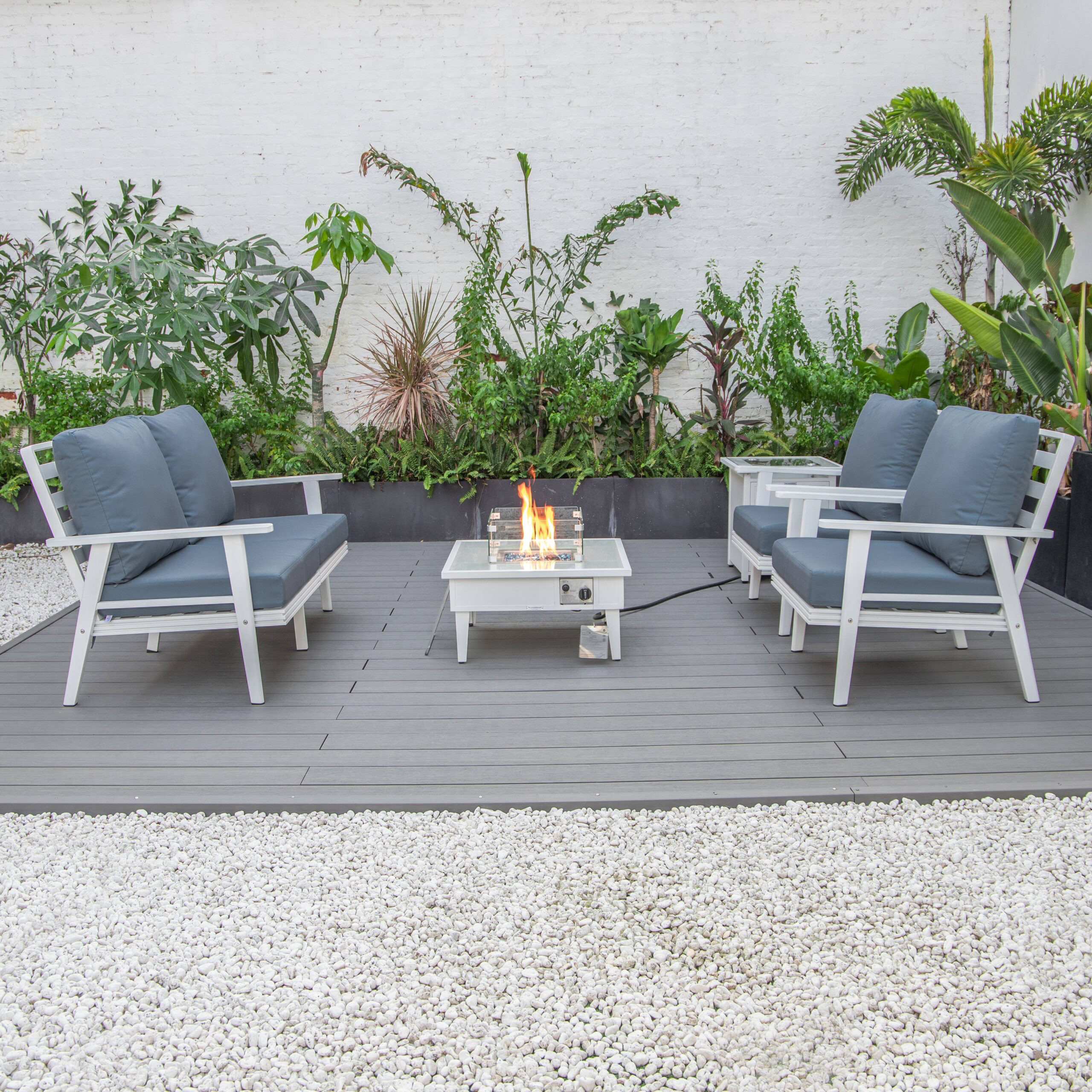 LeisureMod Walbrooke Modern White Patio Conversation With Square Fire Pit & Tank Holder - Navy Blue