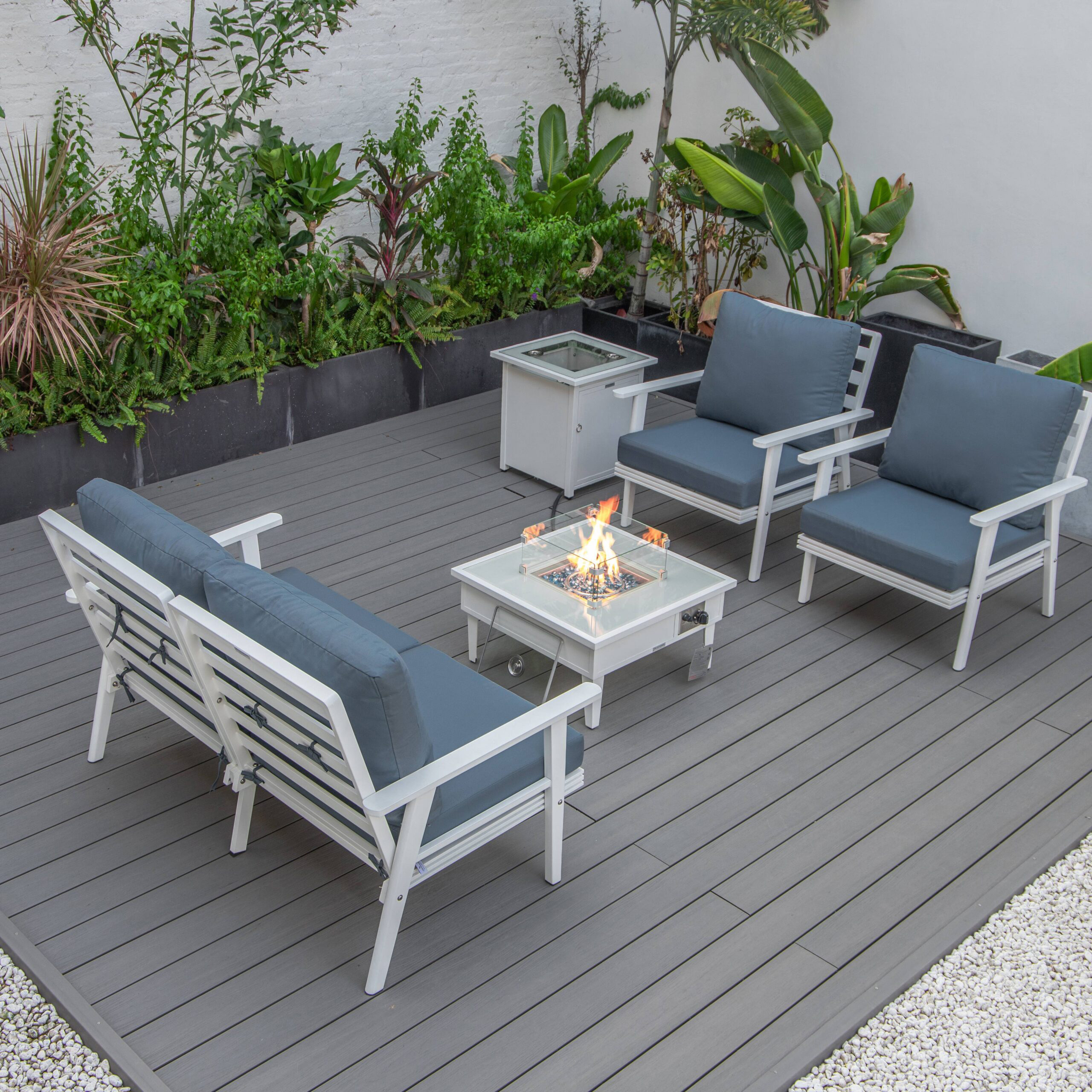 LeisureMod Walbrooke Modern White Patio Conversation With Square Fire Pit & Tank Holder - Navy Blue