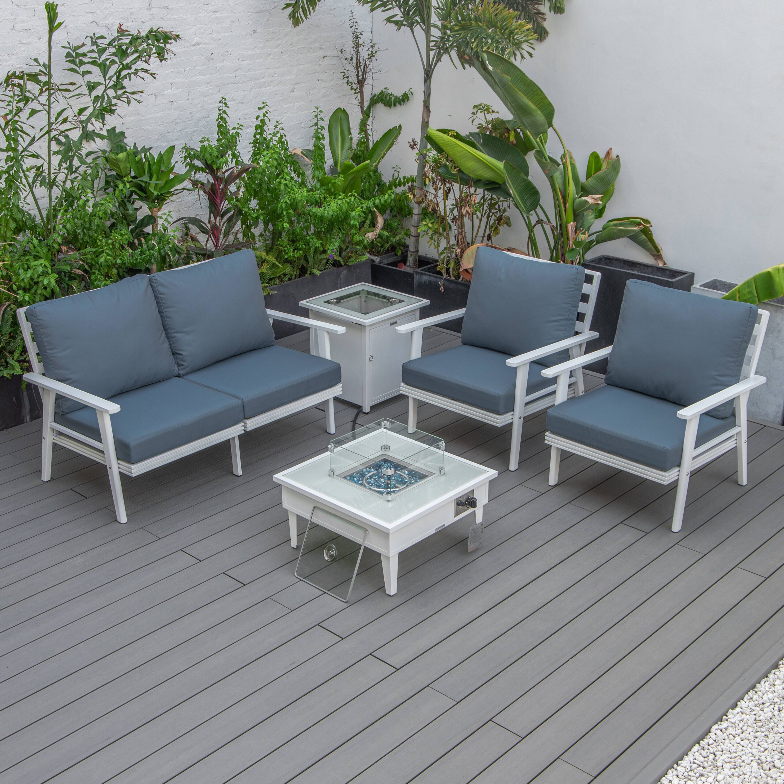 LeisureMod Walbrooke Modern White Patio Conversation With Square Fire Pit & Tank Holder - Navy Blue