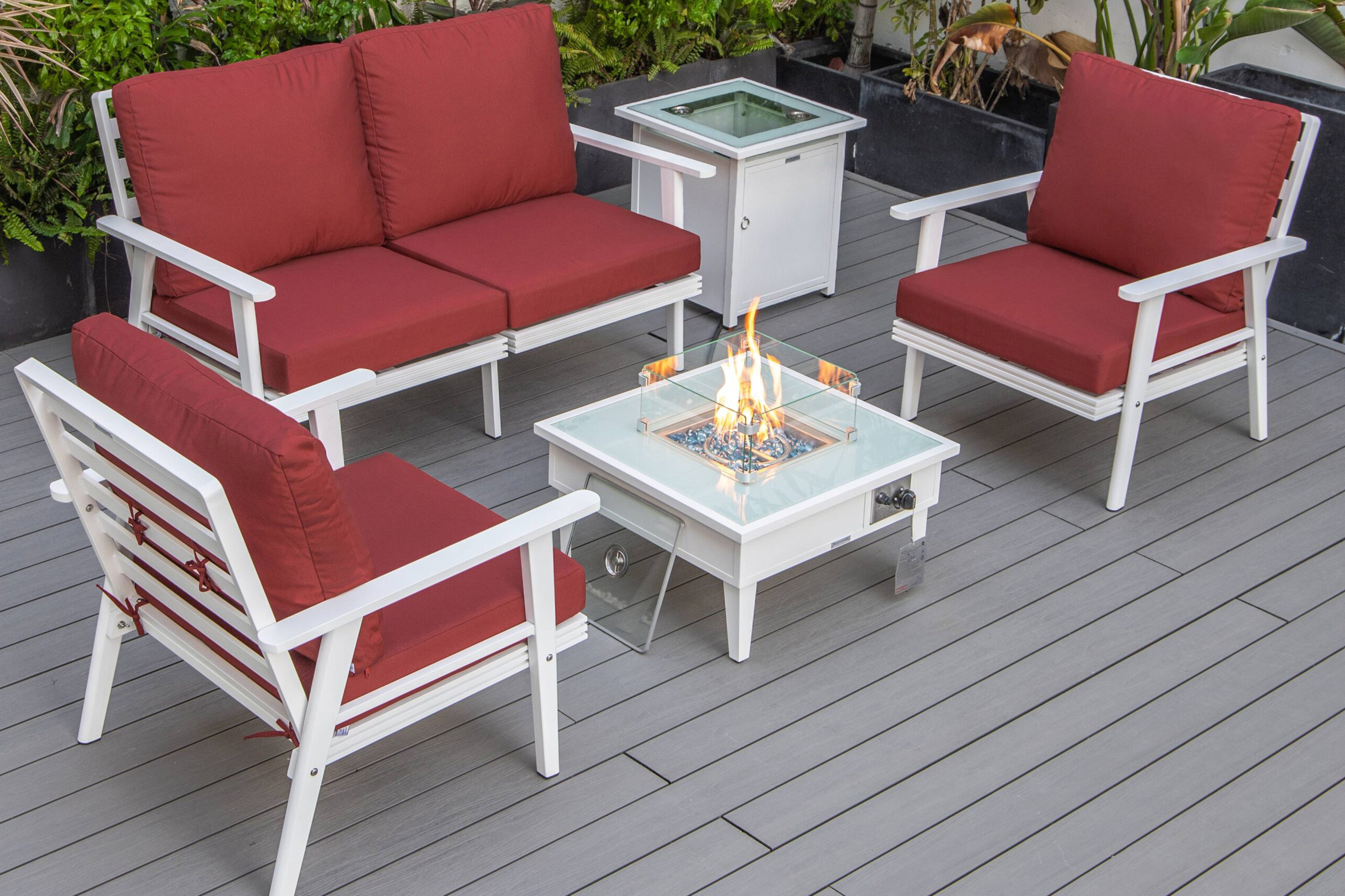 LeisureMod Walbrooke Modern Black Patio Conversation With Square Fire Pit & Tank Holder