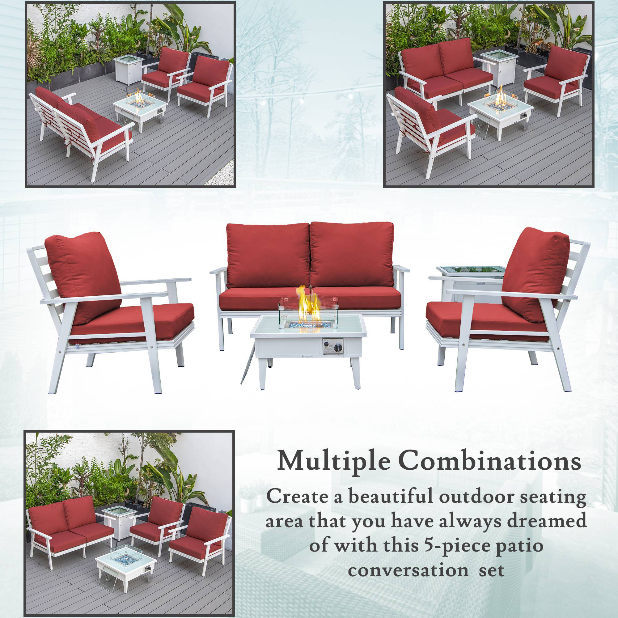 LeisureMod Walbrooke Modern White Patio Conversation With Square Fire Pit & Tank Holder - Red