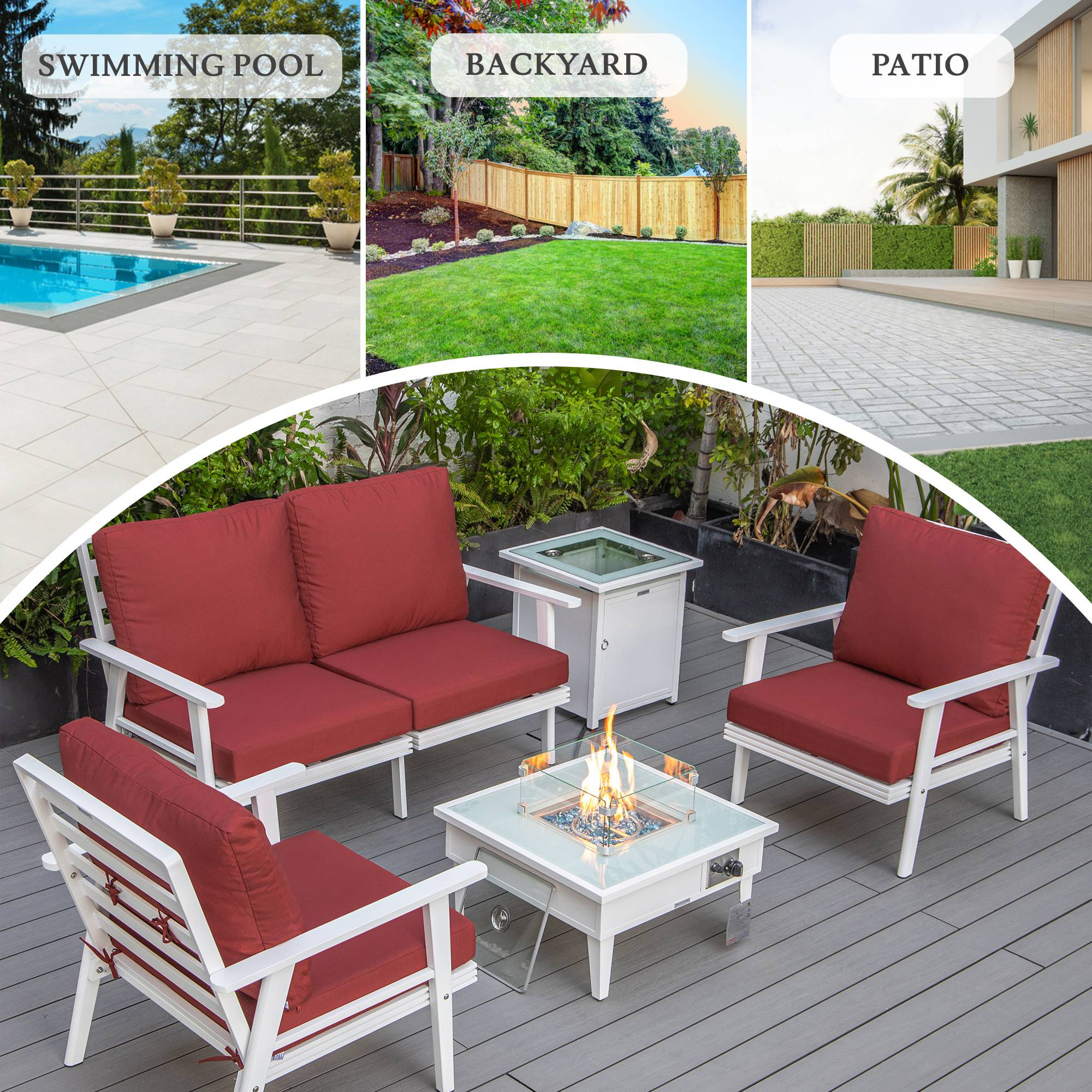 LeisureMod Walbrooke Modern White Patio Conversation With Square Fire Pit & Tank Holder - Red