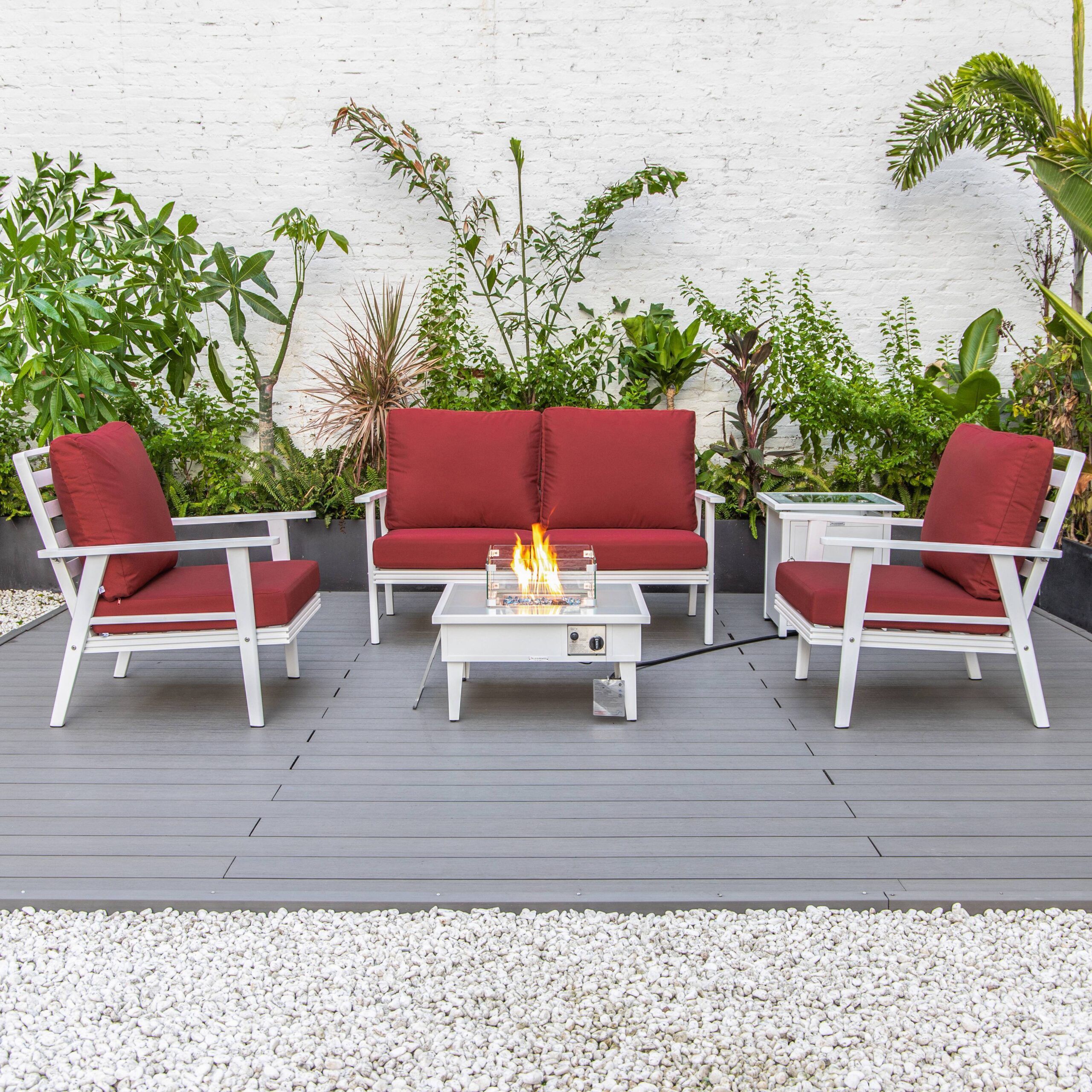 LeisureMod Walbrooke Modern White Patio Conversation With Square Fire Pit & Tank Holder - Red