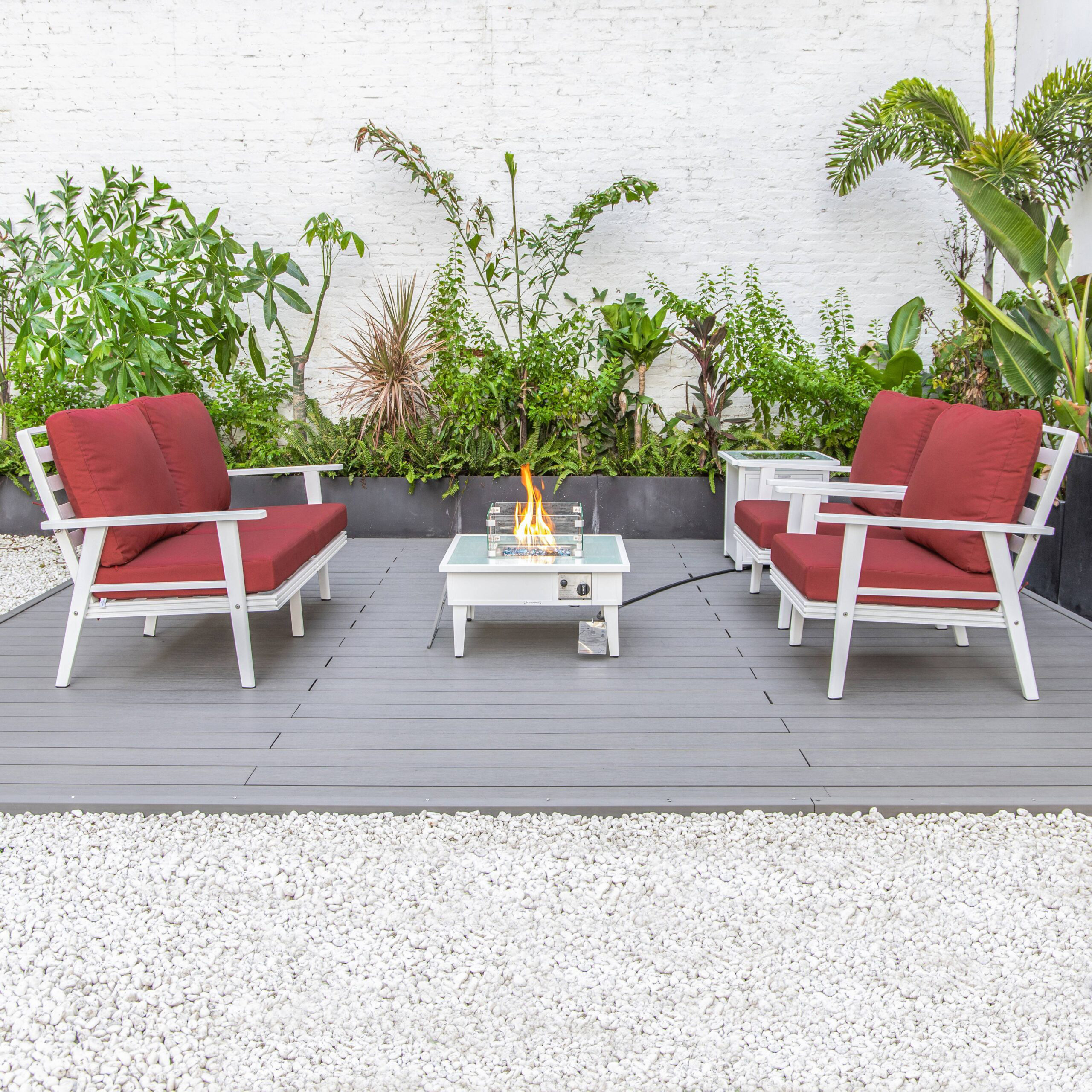 LeisureMod Walbrooke Modern White Patio Conversation With Square Fire Pit & Tank Holder - Red