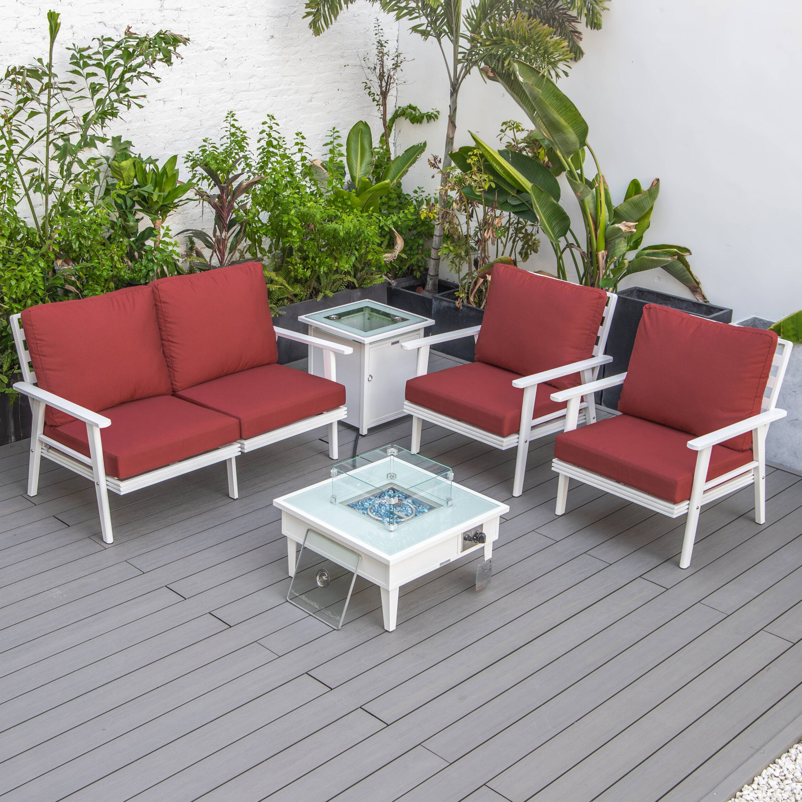 LeisureMod Walbrooke Modern White Patio Conversation With Square Fire Pit & Tank Holder - Red