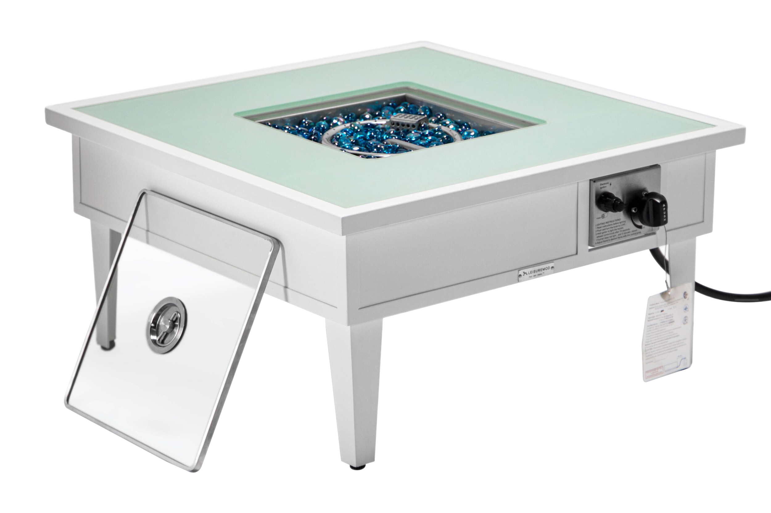 LeisureMod Walbrooke Modern Outdoor Square Fire Pit Table with Powder-Coated Aluminum Frame - White