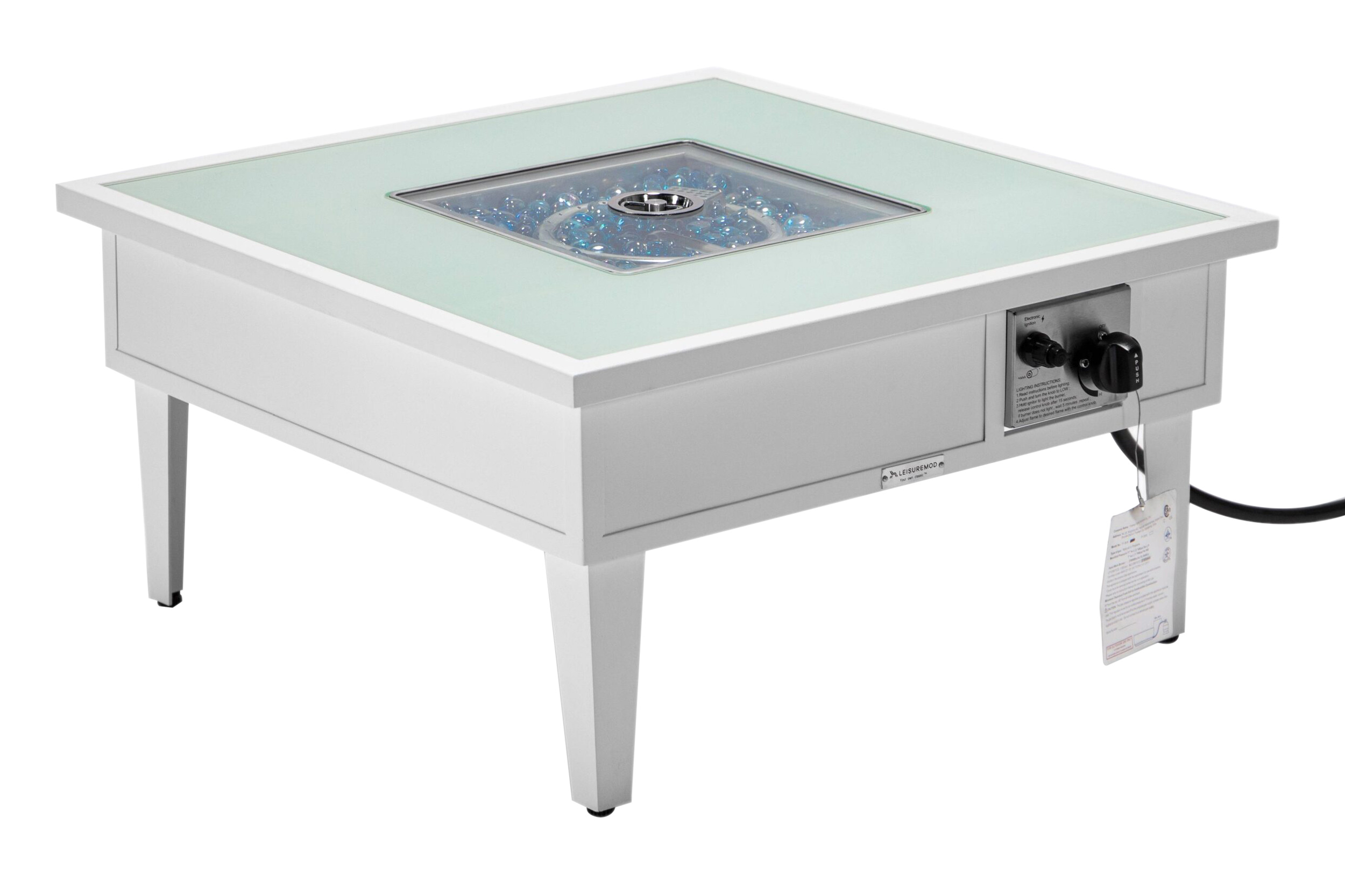 LeisureMod Walbrooke Modern Outdoor Square Fire Pit Table with Powder-Coated Aluminum Frame - White