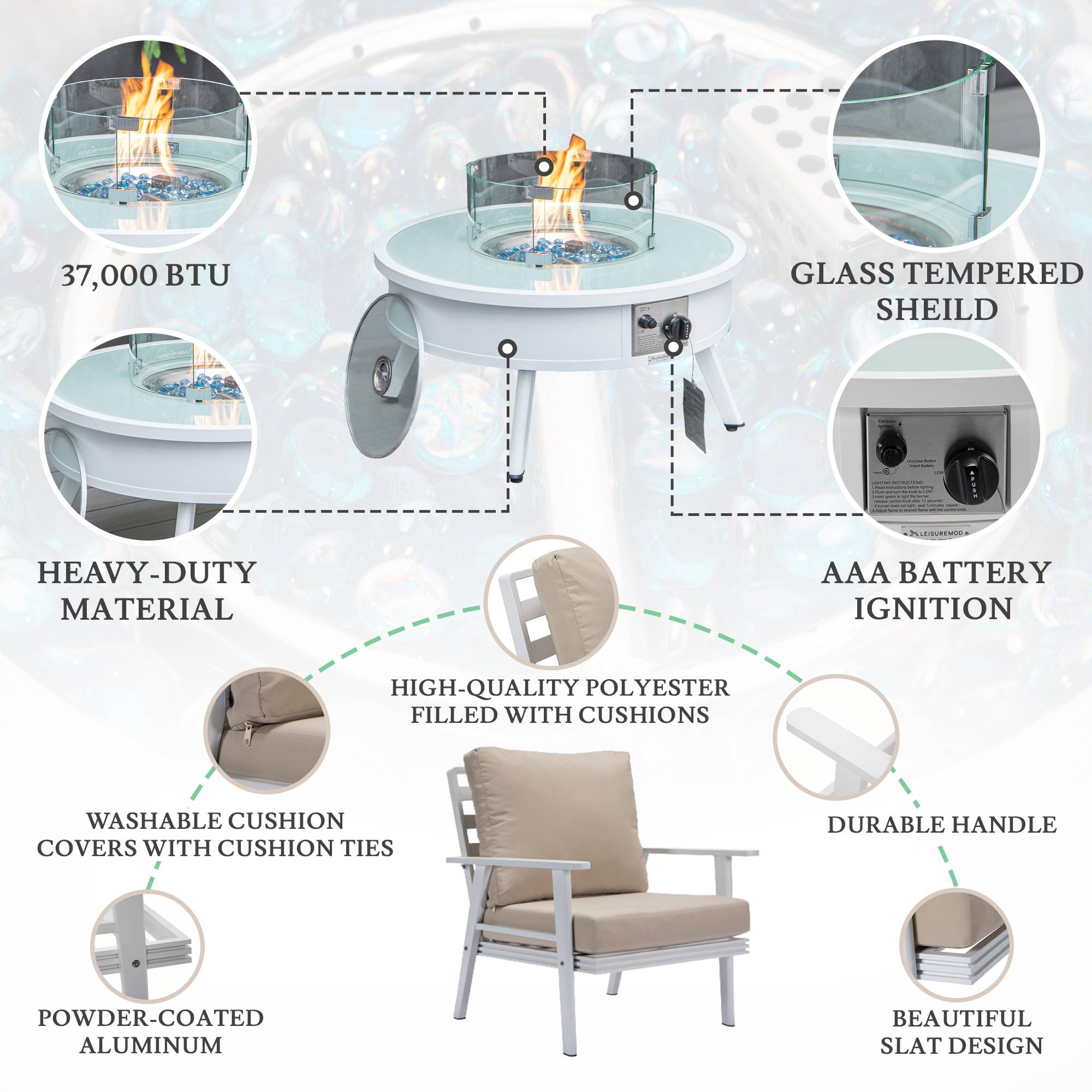 LeisureMod™ Walbrooke Modern White Patio Conversation With Round Fire Pit & Tank Holder - Beige