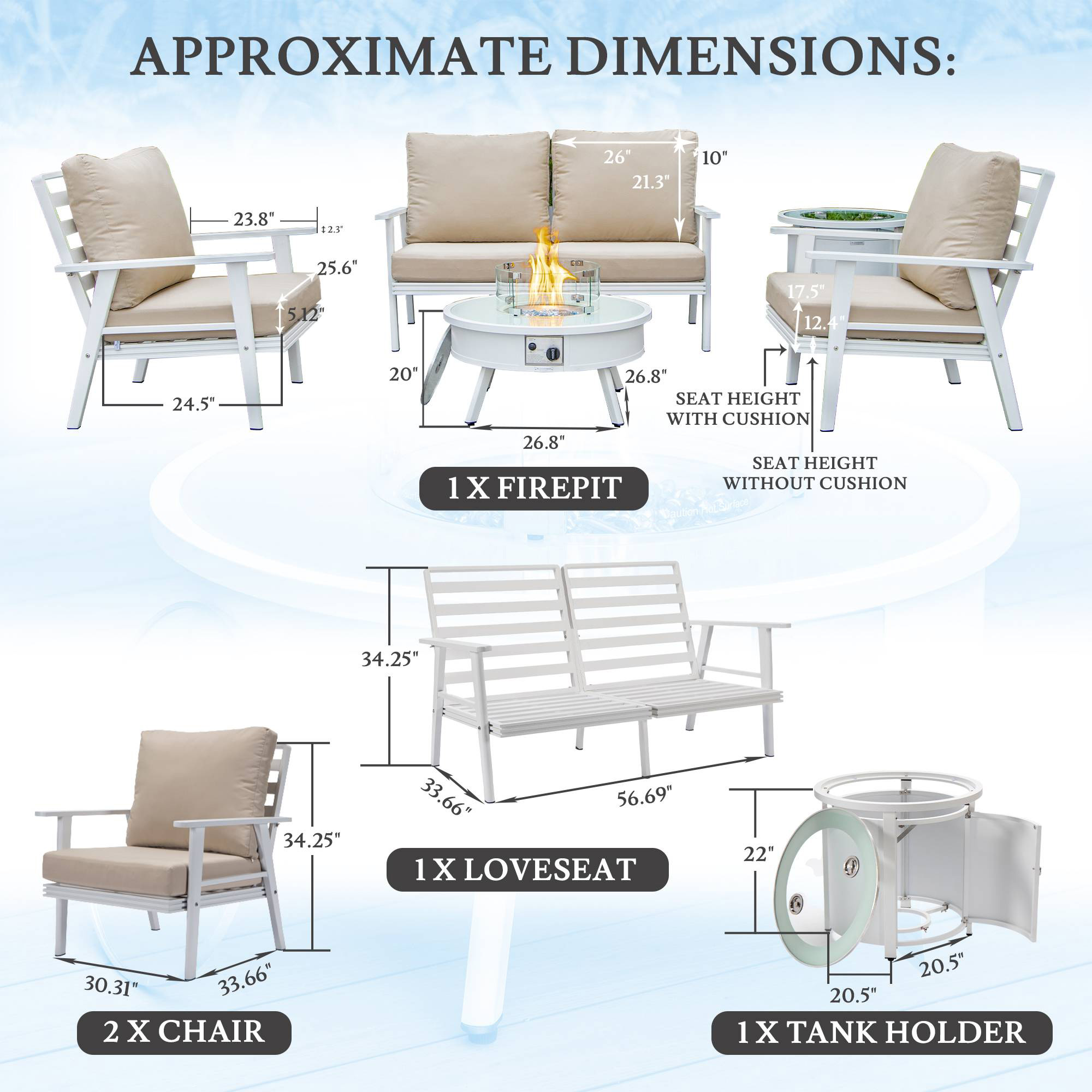 LeisureMod™ Walbrooke Modern White Patio Conversation With Round Fire Pit & Tank Holder - Beige