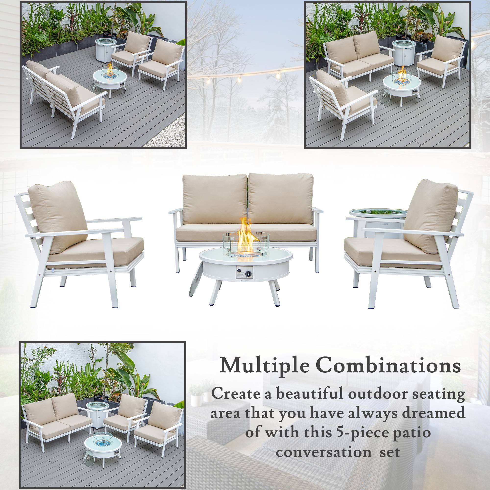 LeisureMod™ Walbrooke Modern White Patio Conversation With Round Fire Pit & Tank Holder - Beige