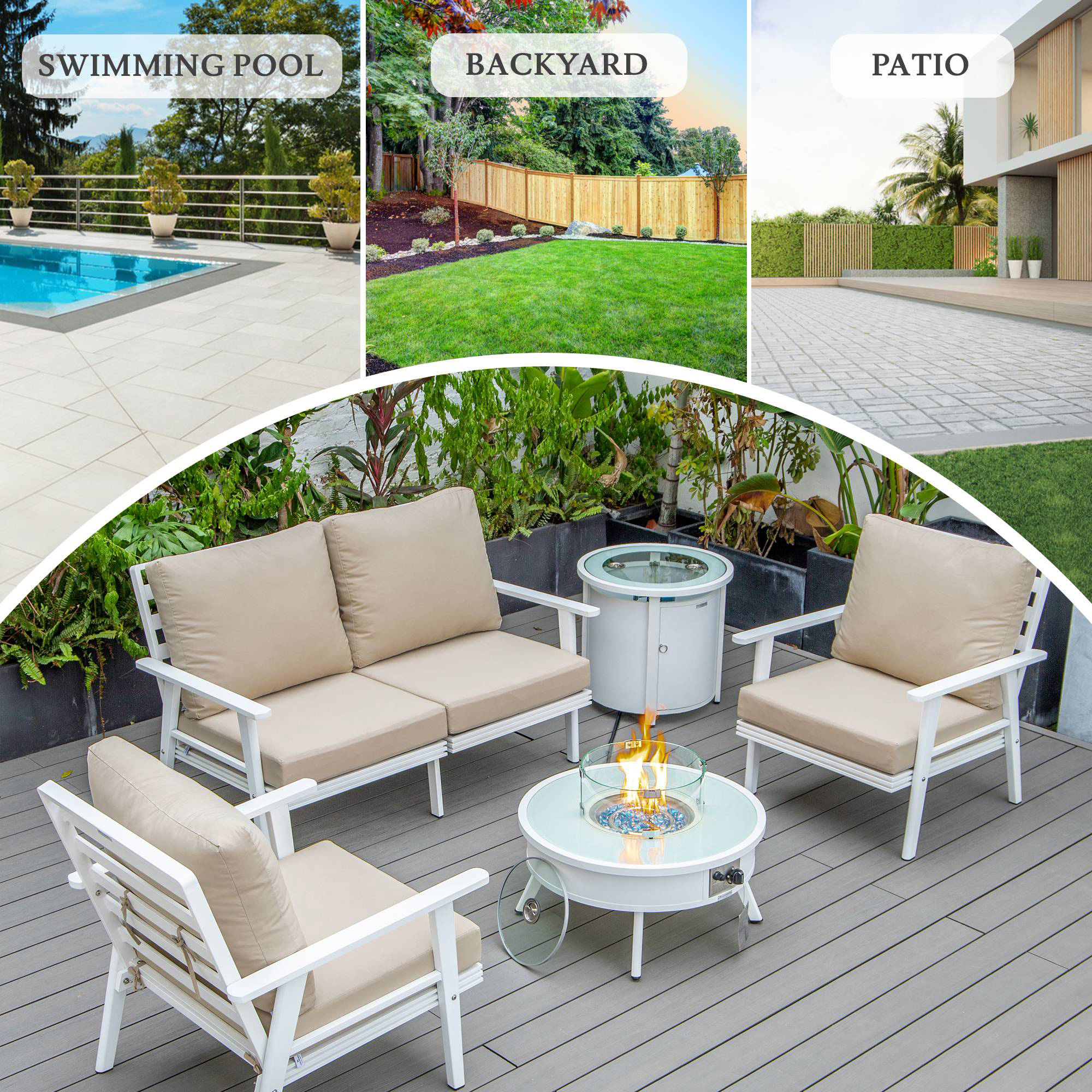 LeisureMod™ Walbrooke Modern White Patio Conversation With Round Fire Pit & Tank Holder - Beige