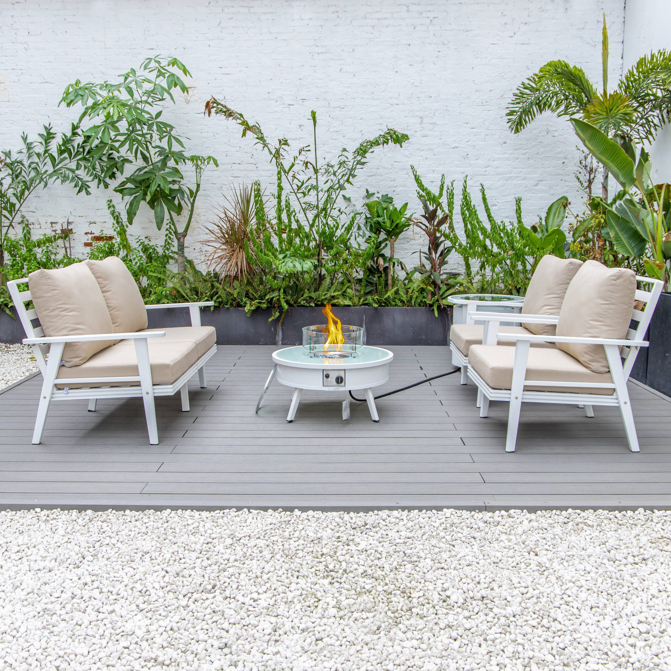 LeisureMod™ Walbrooke Modern White Patio Conversation With Round Fire Pit & Tank Holder - Beige