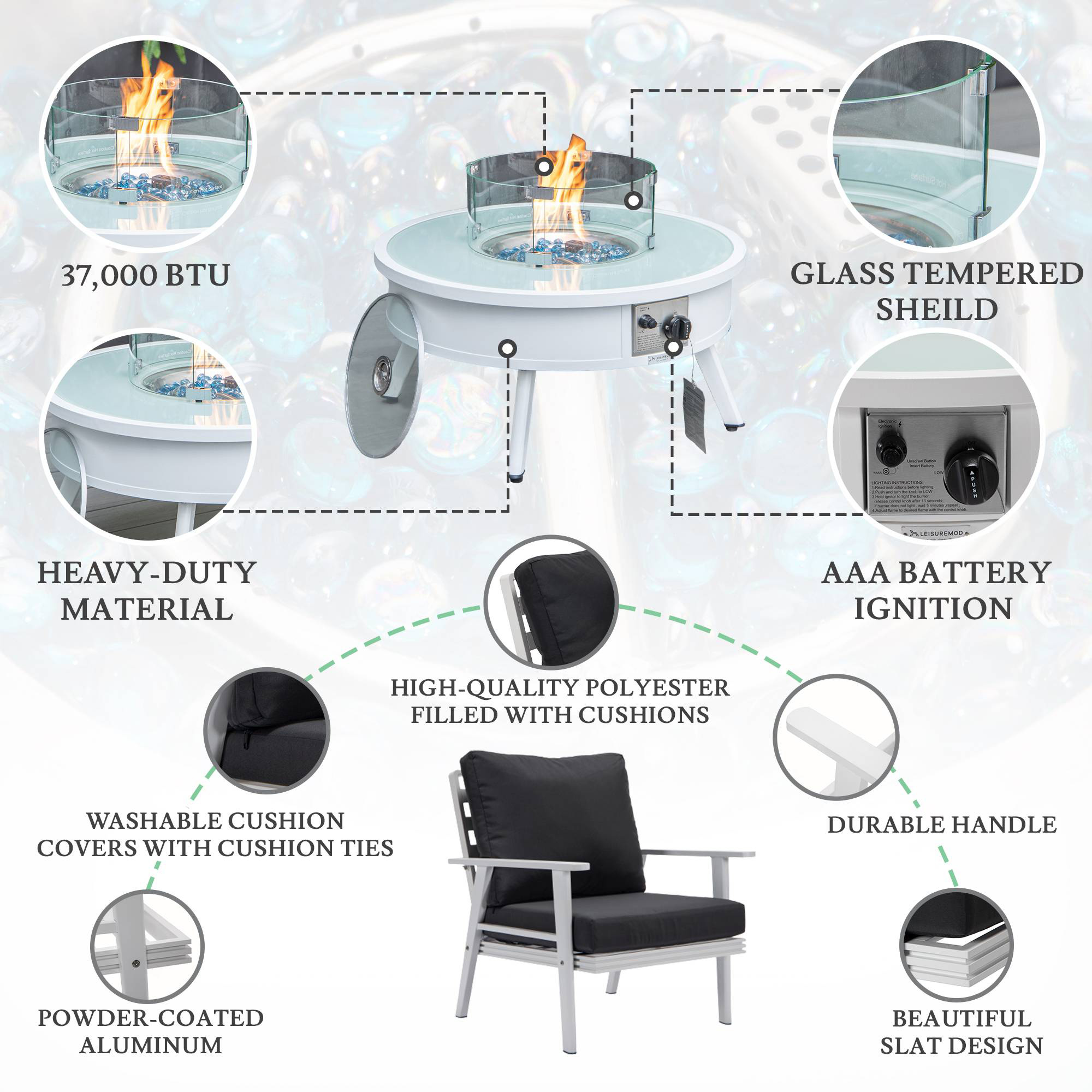 LeisureMod Walbrooke Modern White Patio Conversation With Round Fire Pit & Tank Holder - Charcoal