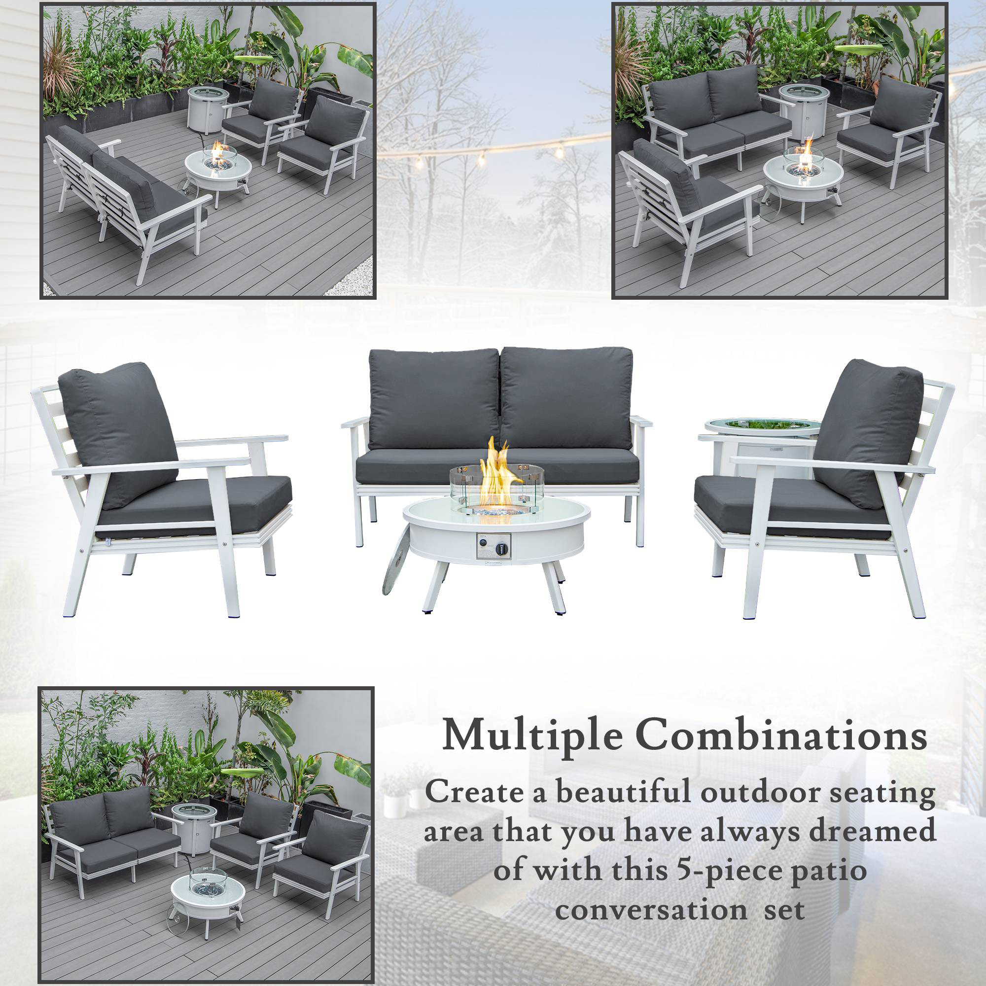 LeisureMod Walbrooke Modern White Patio Conversation With Round Fire Pit & Tank Holder - Charcoal