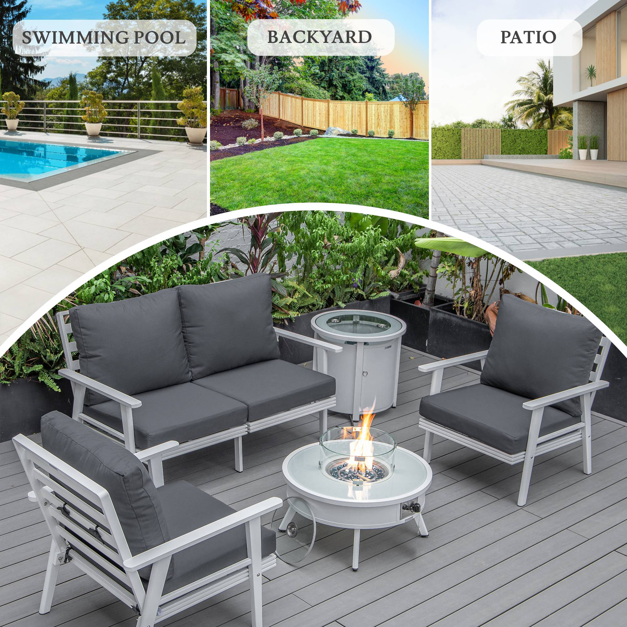 LeisureMod Walbrooke Modern White Patio Conversation With Round Fire Pit & Tank Holder - Charcoal