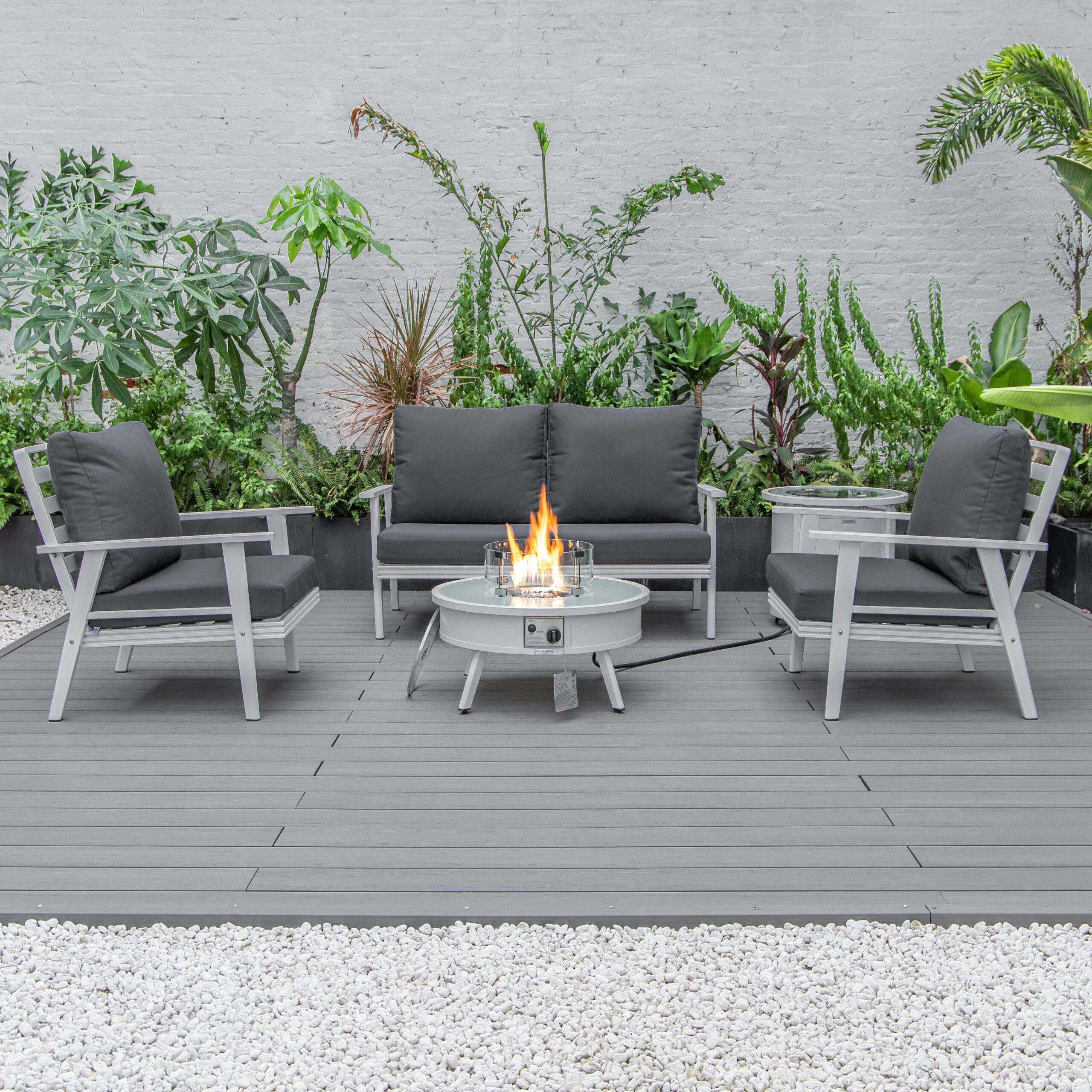 LeisureMod Walbrooke Modern White Patio Conversation With Round Fire Pit & Tank Holder - Charcoal