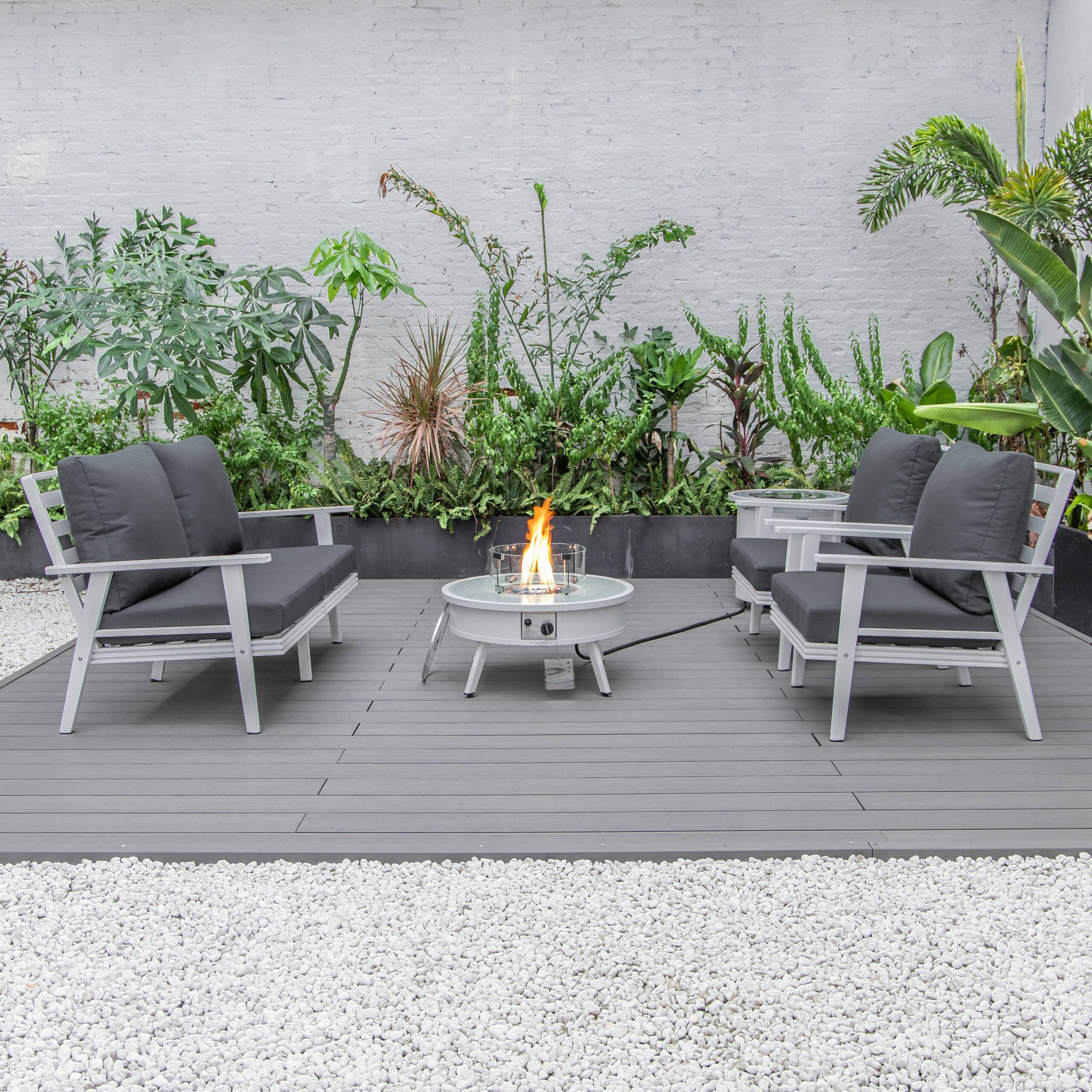 LeisureMod Walbrooke Modern White Patio Conversation With Round Fire Pit & Tank Holder - Charcoal