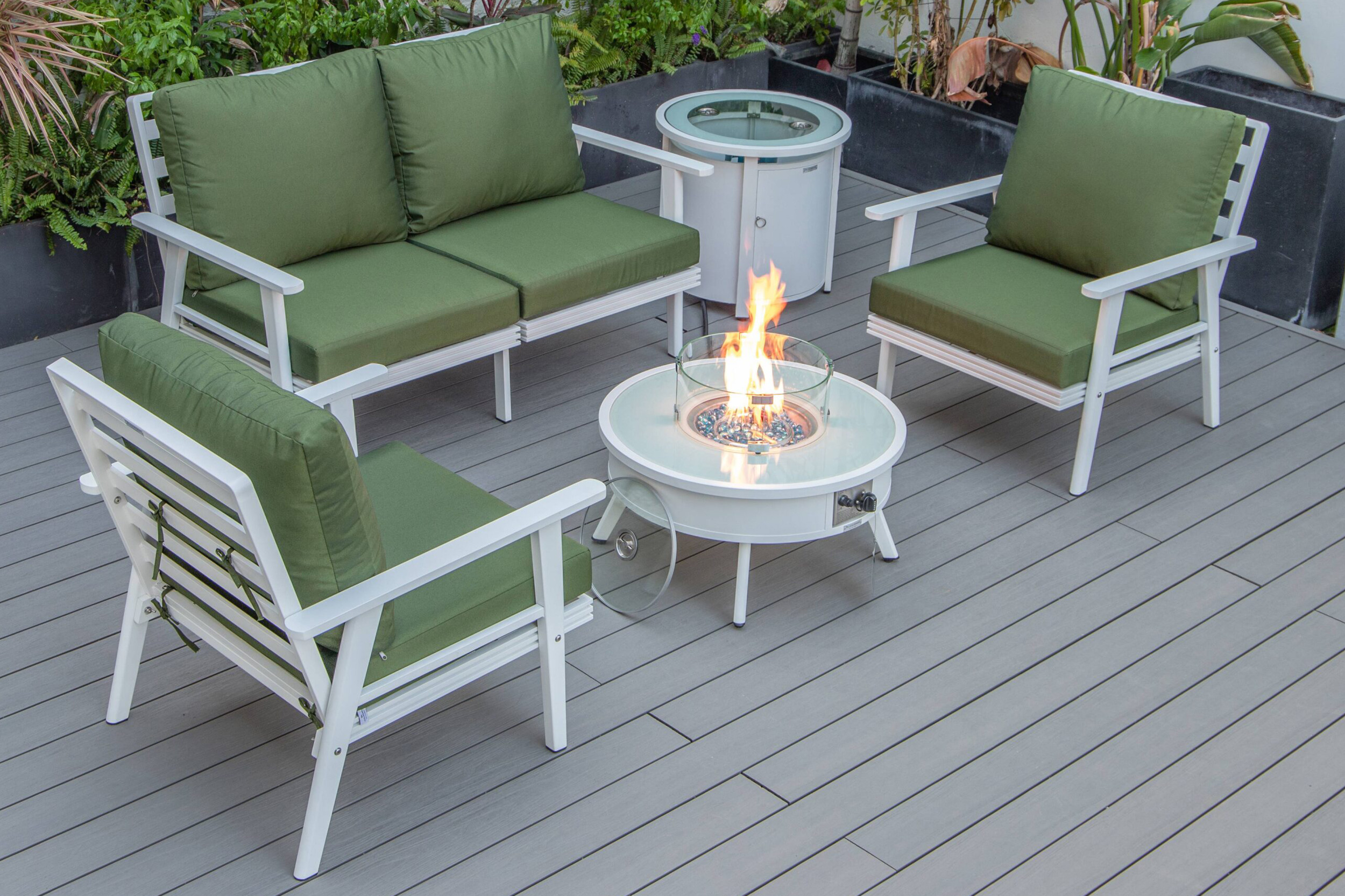 LeisureMod Walbrooke Modern Black Patio Conversation With Round Fire Pit & Tank Holder