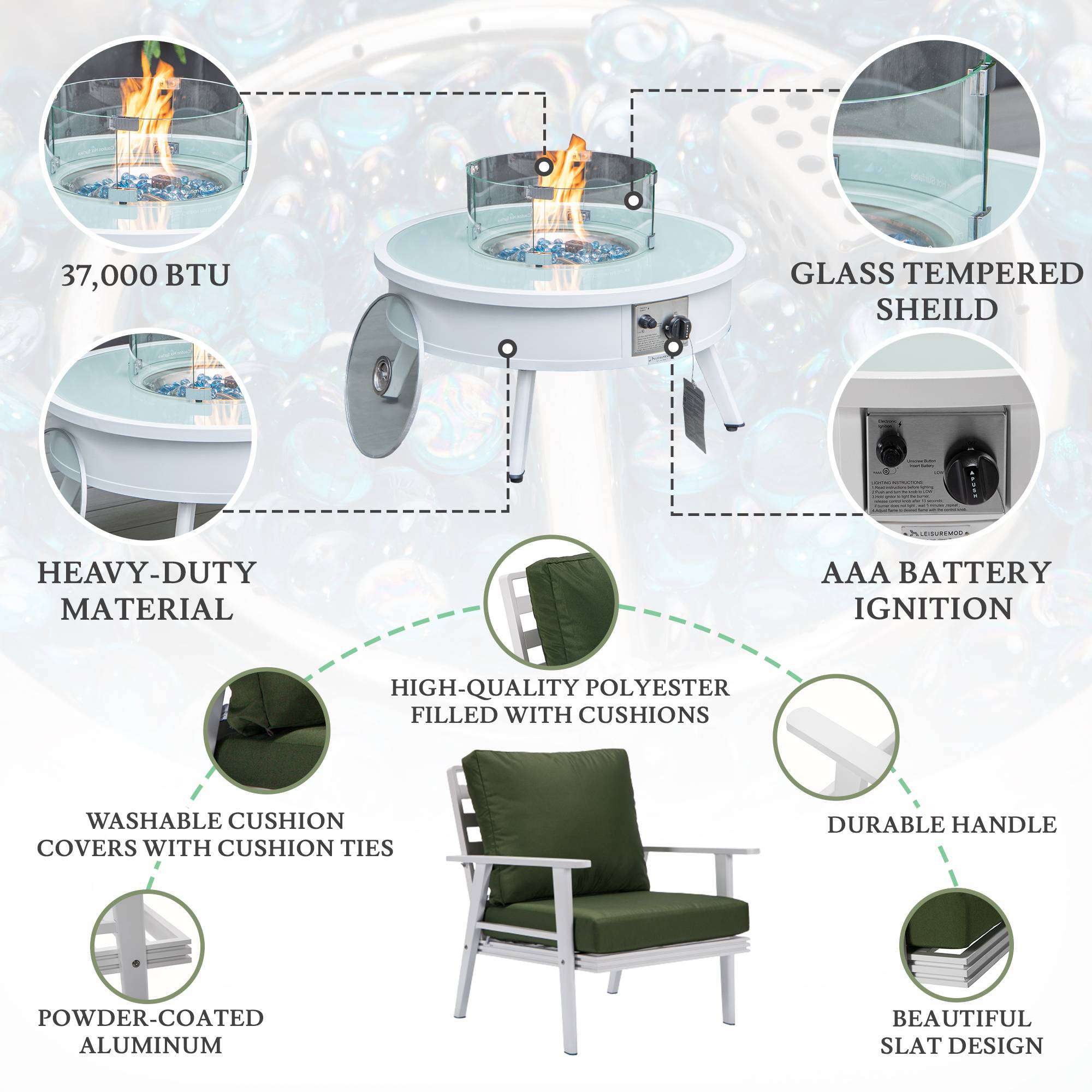 LeisureMod™ Walbrooke Modern White Patio Conversation With Round Fire Pit & Tank Holder - Green