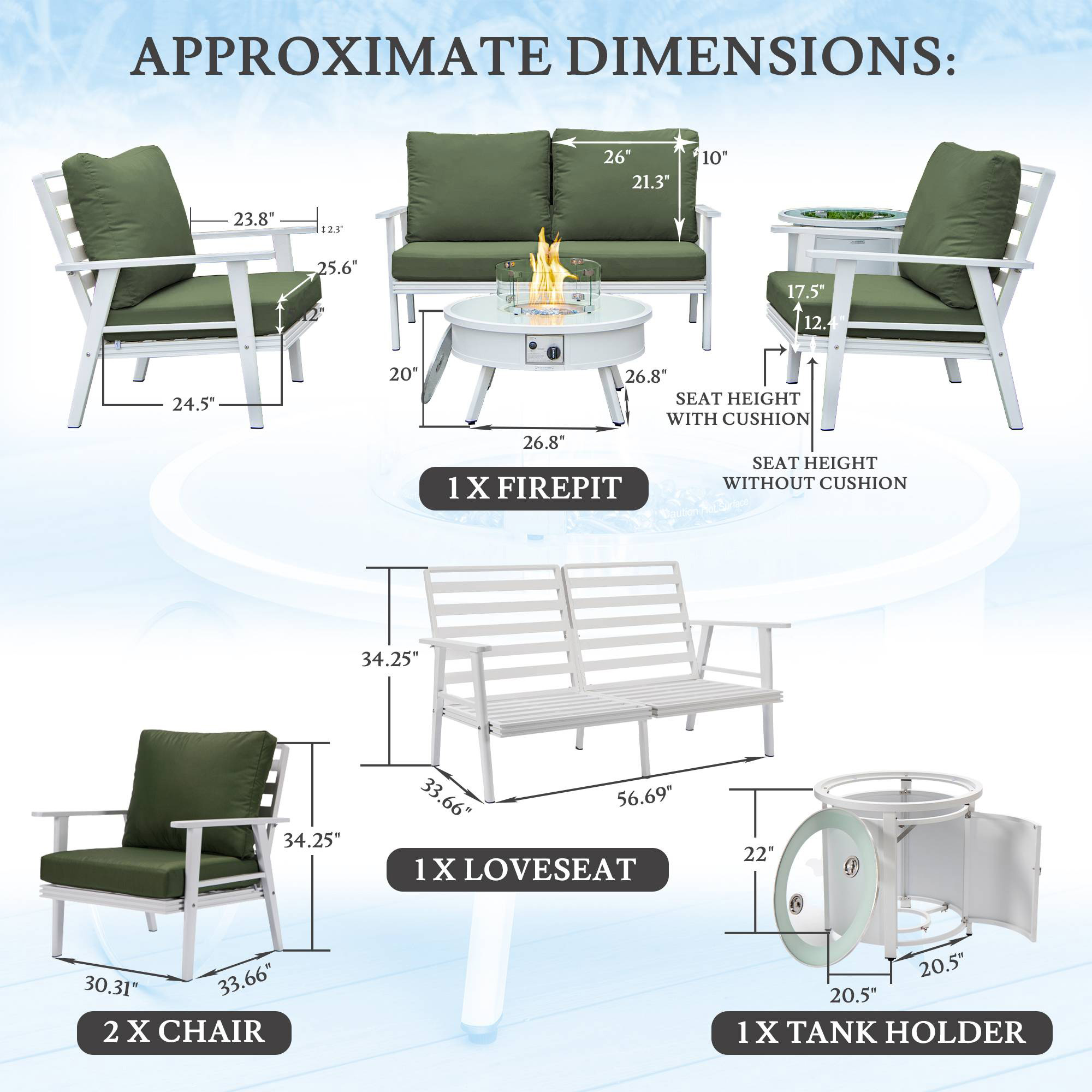 LeisureMod™ Walbrooke Modern White Patio Conversation With Round Fire Pit & Tank Holder - Green