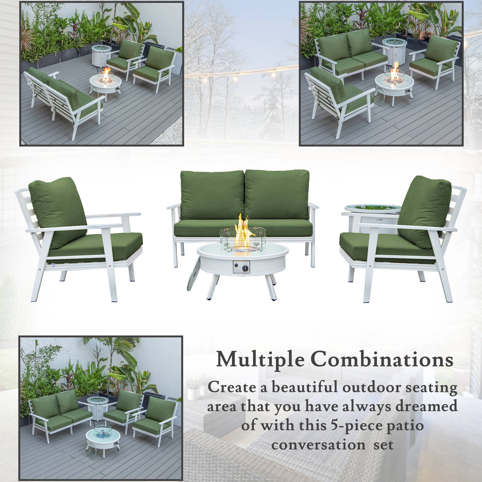 LeisureMod™ Walbrooke Modern White Patio Conversation With Round Fire Pit & Tank Holder - Green