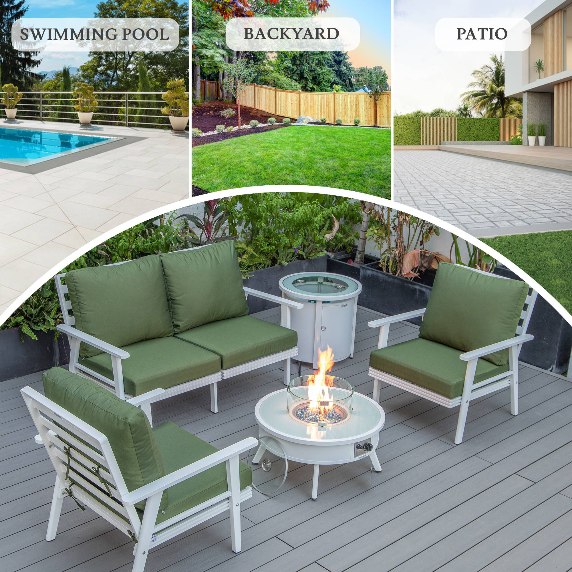 LeisureMod™ Walbrooke Modern White Patio Conversation With Round Fire Pit & Tank Holder - Green