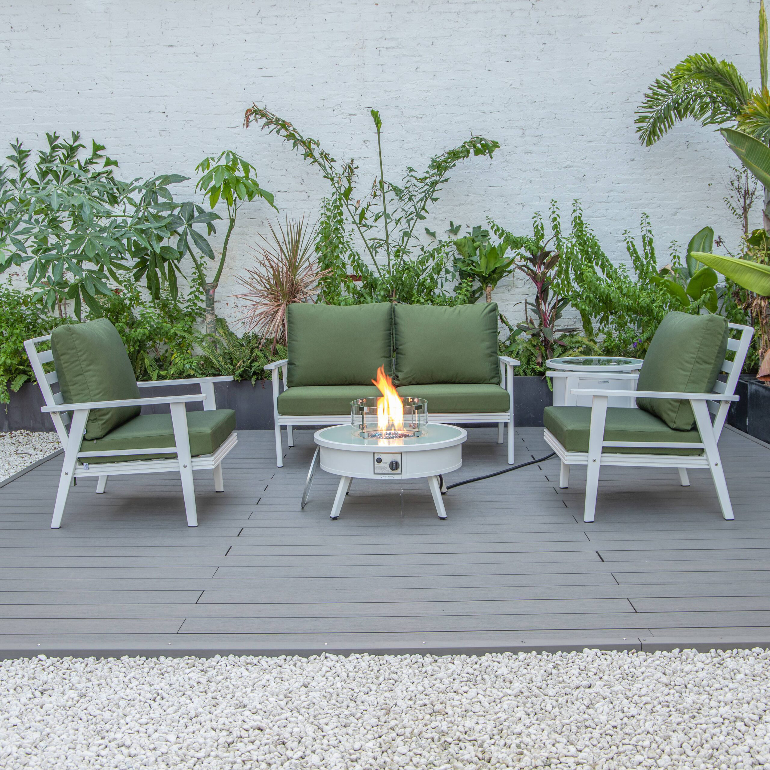 LeisureMod™ Walbrooke Modern White Patio Conversation With Round Fire Pit & Tank Holder - Green