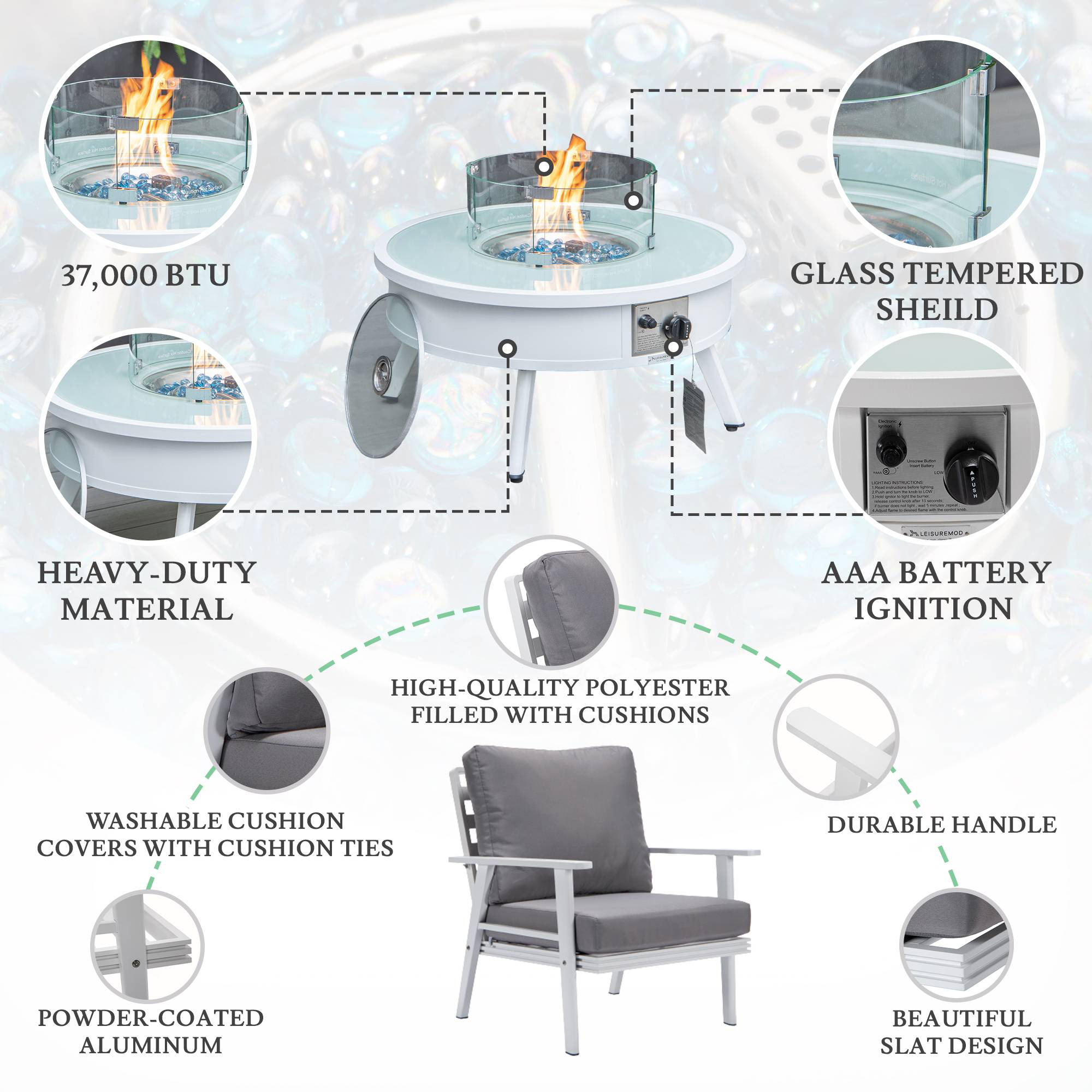 LeisureMod Walbrooke Modern White Patio Conversation With Round Fire Pit & Tank Holder - Gray