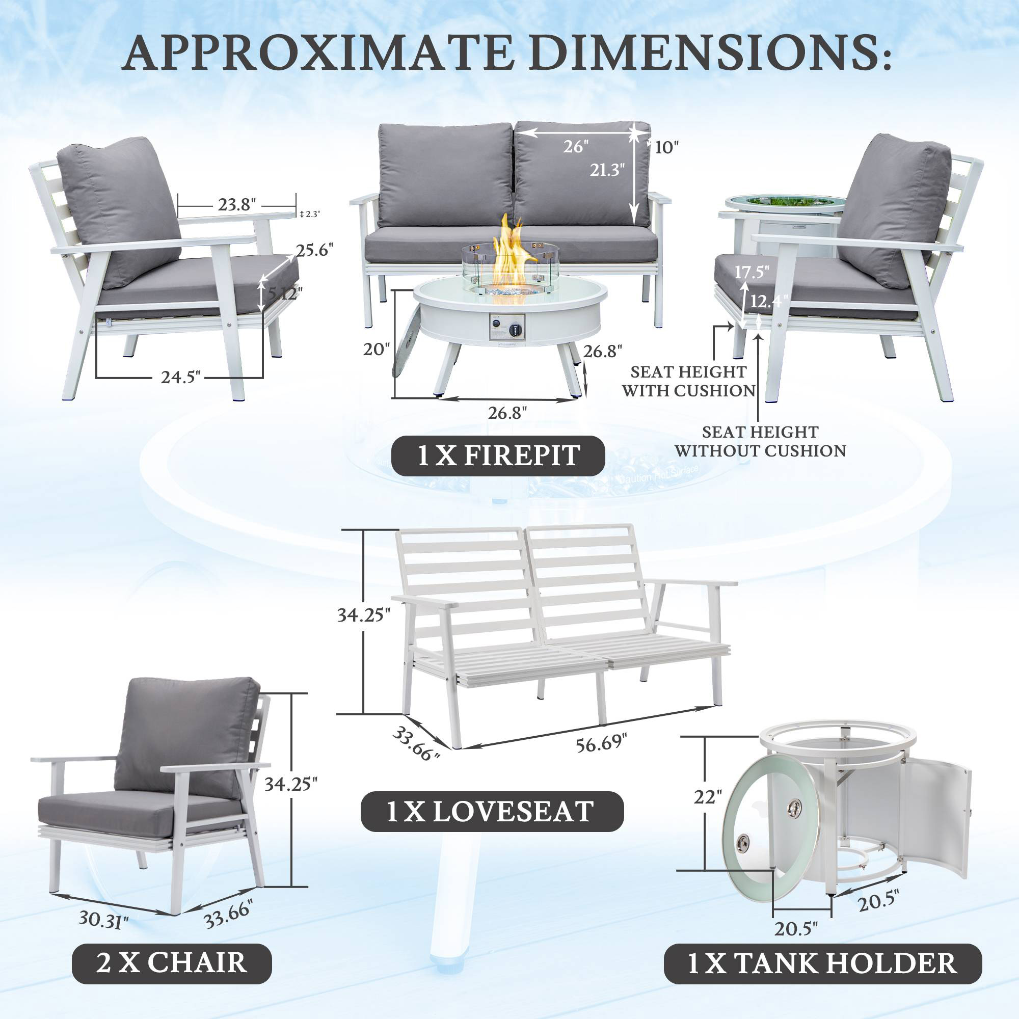 LeisureMod Walbrooke Modern White Patio Conversation With Round Fire Pit & Tank Holder - Gray