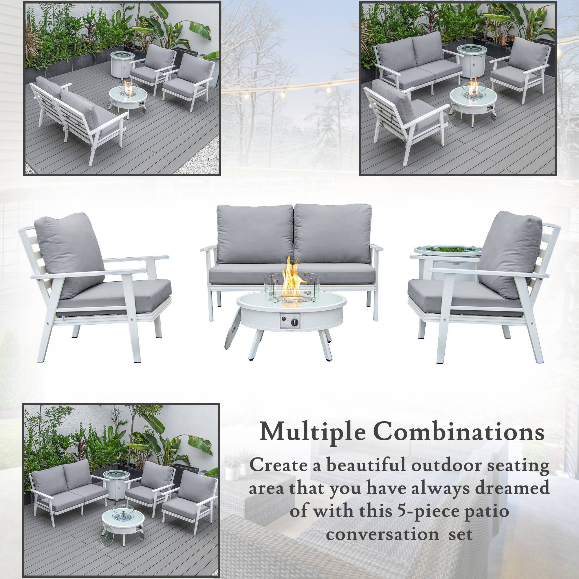 LeisureMod Walbrooke Modern White Patio Conversation With Round Fire Pit & Tank Holder - Gray