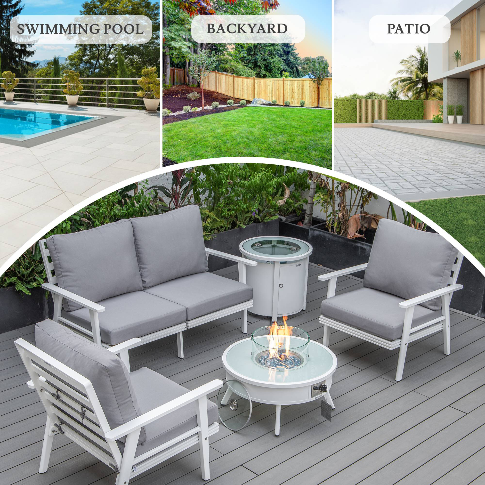 LeisureMod Walbrooke Modern White Patio Conversation With Round Fire Pit & Tank Holder - Gray