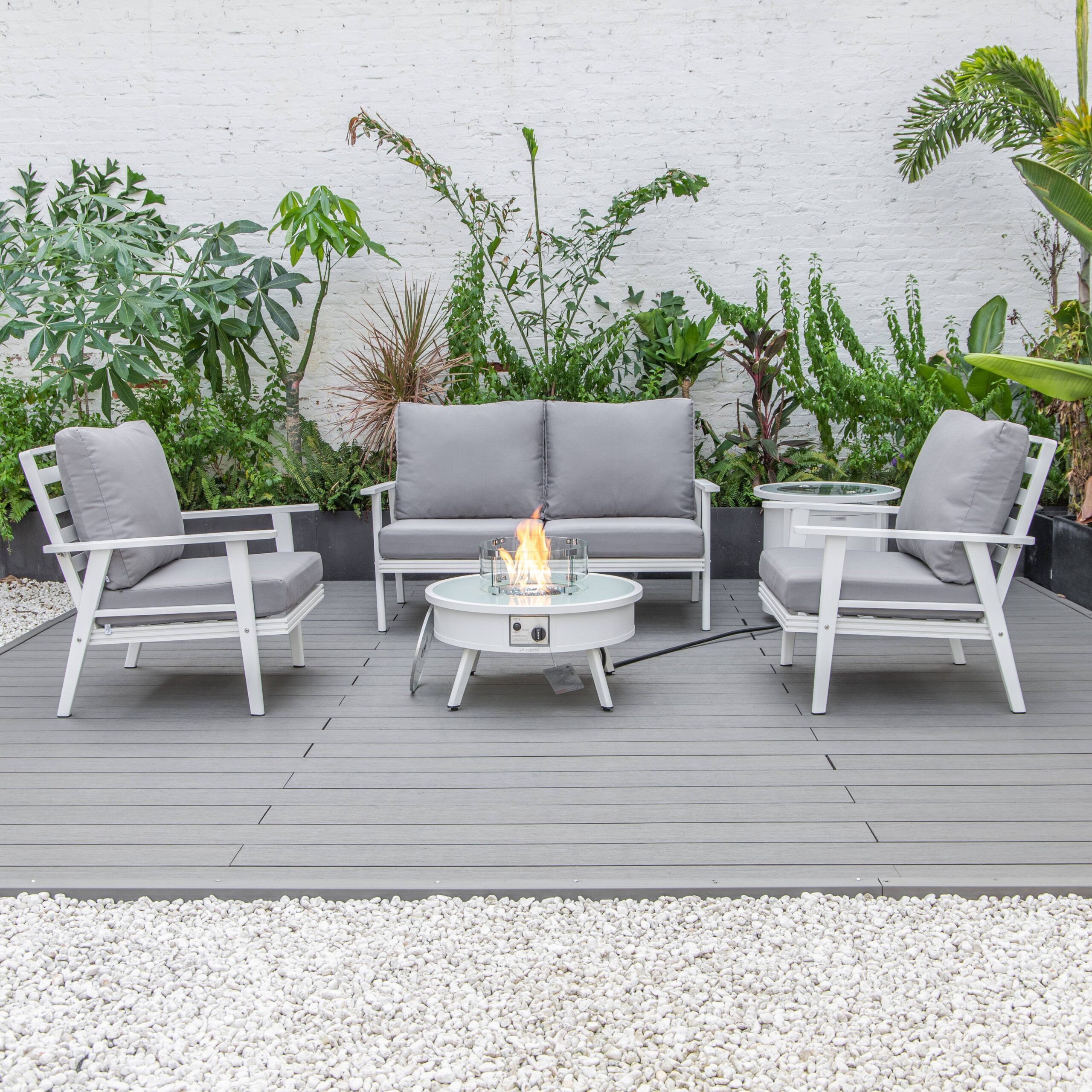 LeisureMod Walbrooke Modern White Patio Conversation With Round Fire Pit & Tank Holder - Gray